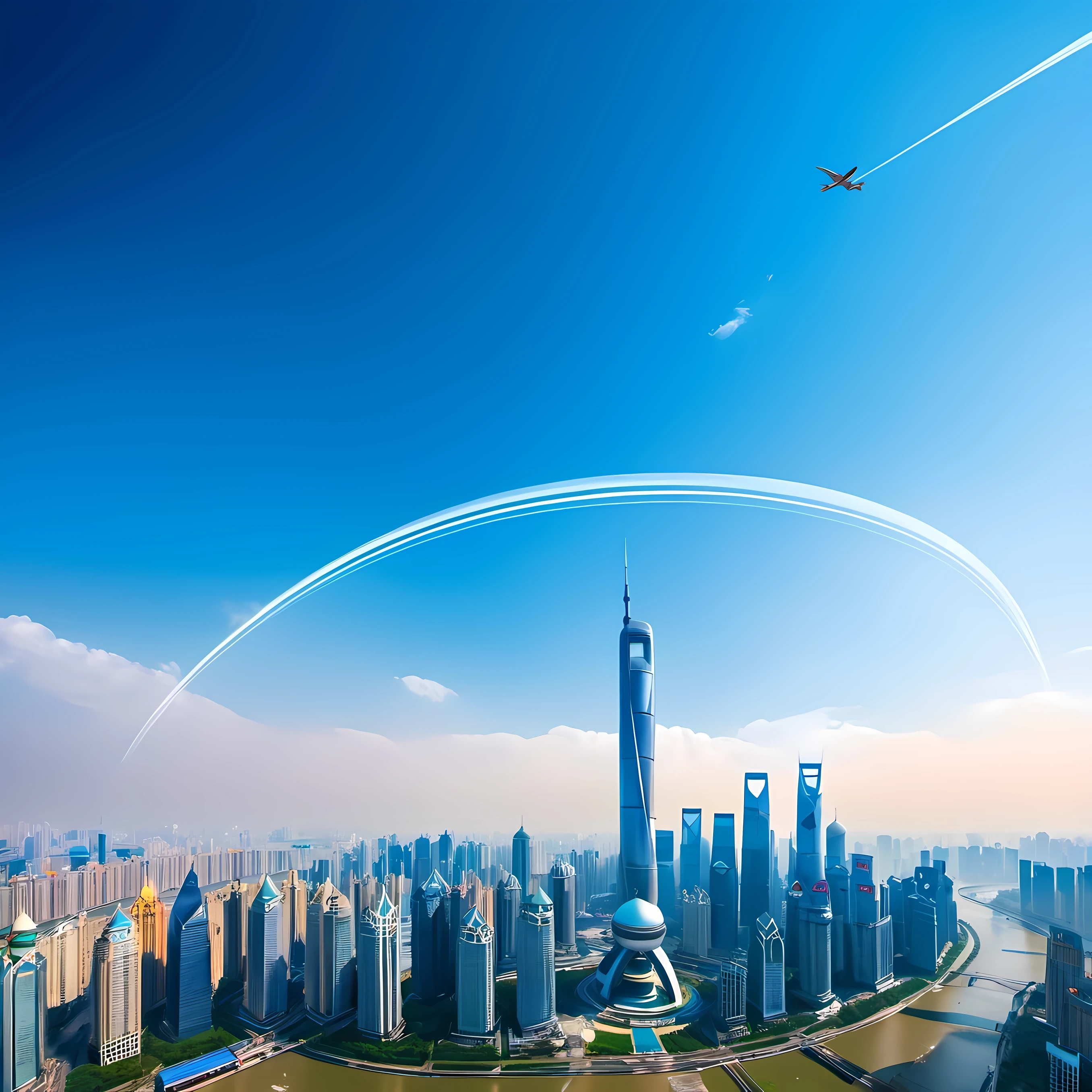 On a blue background，An airplane leaves an artistic trail of white lines in the sky。The curved light and shadow ejected from the tail，The bifurcation extends to the upper left and lower left，It&#39;s like a crack in time。in the center of the curve，A magnificent scene depicting Shanghai’s landmark buildings。High contrast and natural lighting throughout the image，Delivers sharp and clear results，Create a unique atmosphere。Delicate color grading，Give the picture a sense of layering and artistry。Sharp and accurate focus，Allow viewers to see details and elements clearly。This surrealist masterpiece showcases extraordinary imagination and unique style
