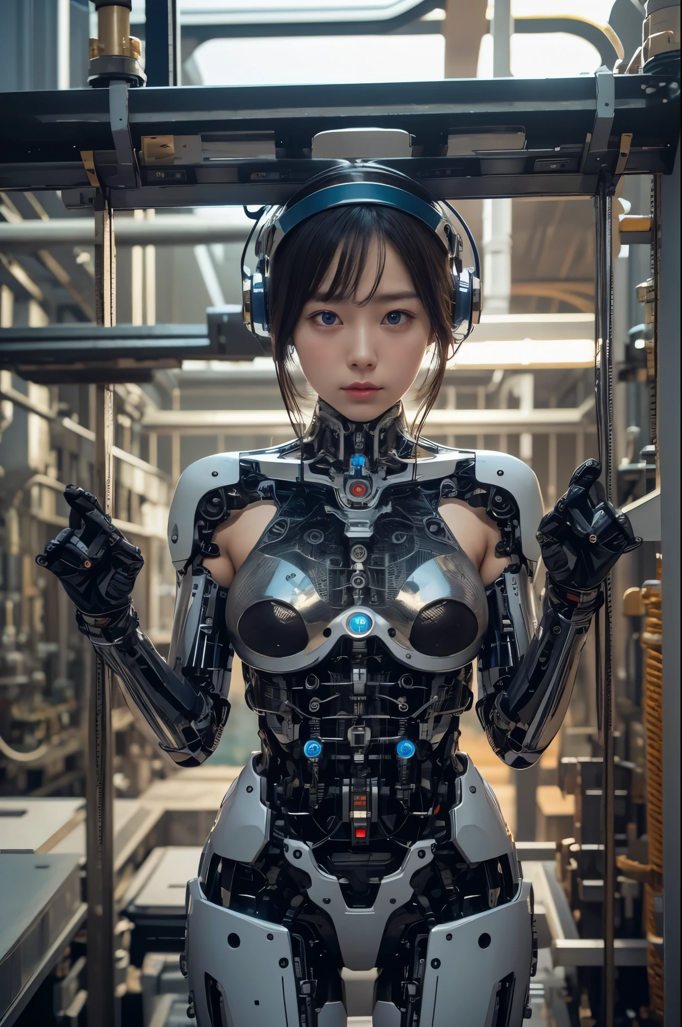 masterpiece, best quality, extremely detailed, Japaese android girl,Plump ,control panels,android,Droid,Mechanical Hand, Robot arms and legs,Blunt bangs,perfect robot girl,long tube,thick cable connected her neck,android,robot,humanoid,cyborg,japanese cyborg girl ,robot-assembly plant,She has assembled now,assembly scene,chest monitor,blue eyes