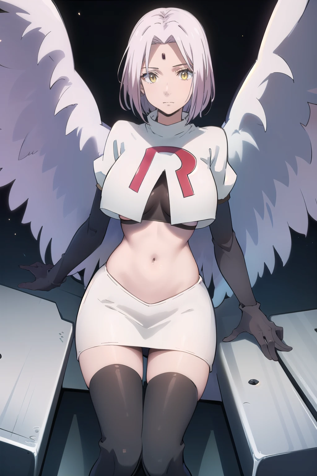 photorealistic, (4k), depth of field, (Masterpiece), (realistic skin texture), extremely detailed, intricate, hyper detailed, professional photography, high resolution, sharp detail, best quality, woman, short hair, pink hair, angel wings, large wings, yellow eyes, red gem on forehead, (flying:1.5), in the sky, (above clouds), (clouds:1.3), blue sky, between clouds, landscape far away, (outdoors), team rocket,team rocket uniform,white skirt,red letter R,crop top,black thigh-highs,black elbow gloves