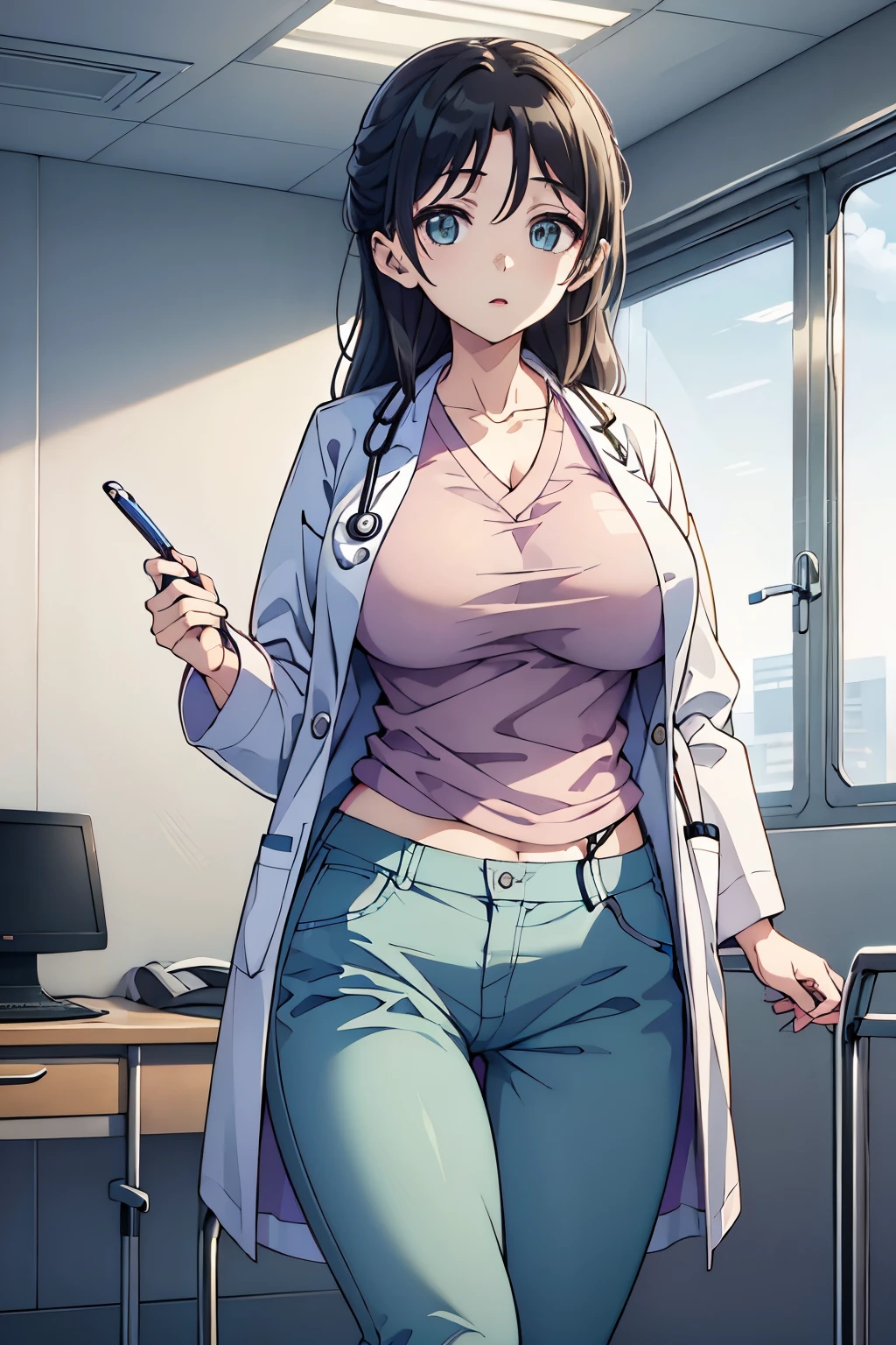 big breasts、I&#39;m thin、narrow waist、legs are also thin、Wearing a white researcher&#39;s jacket、inside the hospital、white shirt、black skinny jeans、have a stethoscope、Not wearing a hat