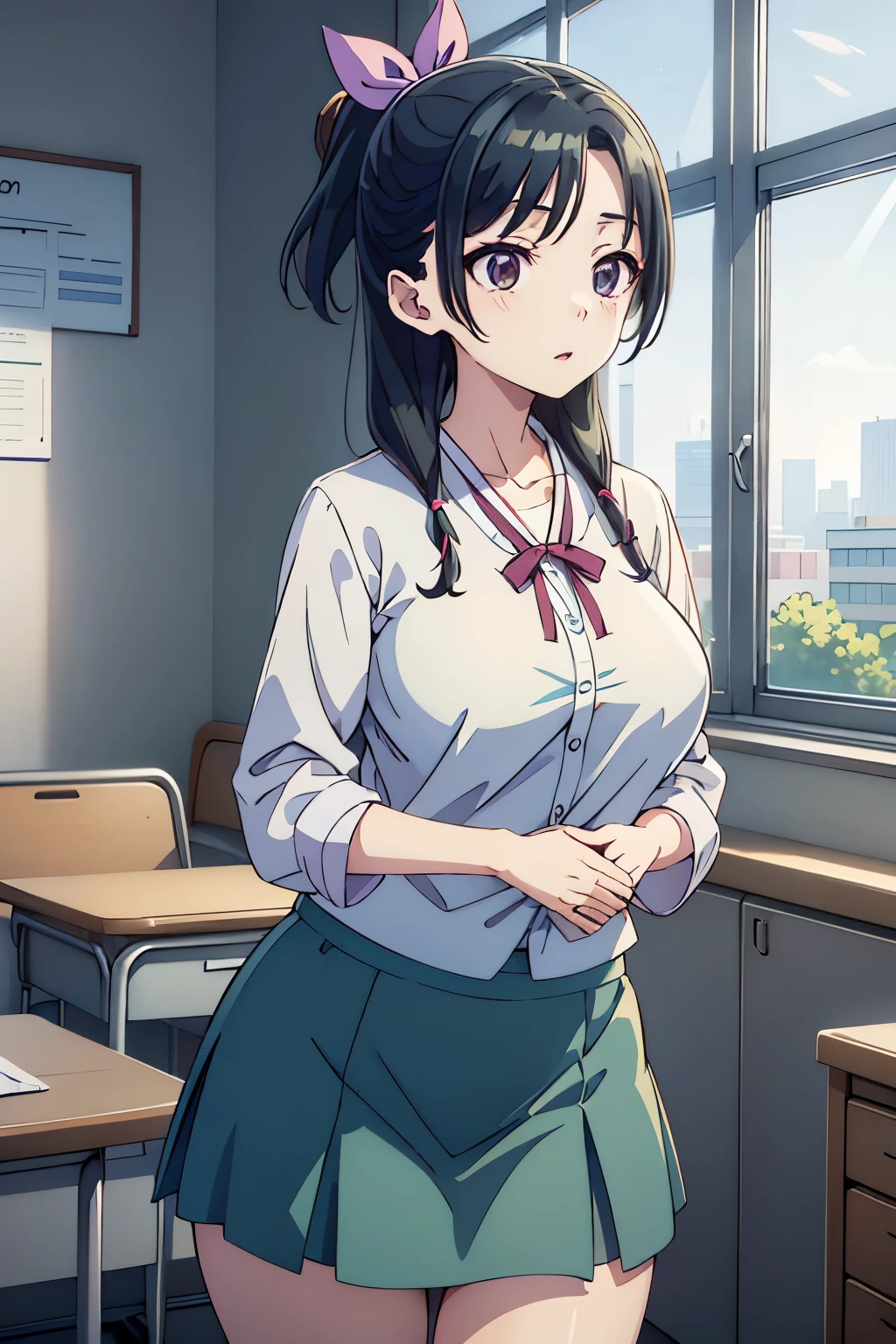 big breasts、I&#39;m thin、narrow waist、legs are also thin、High school girl wearing uniform。white shirt、I&#39;m wearing a ribbon on my shirt、black skirt、big breasts、I&#39;m thin、narrow waist、legs are also thin、studying on the desk at school