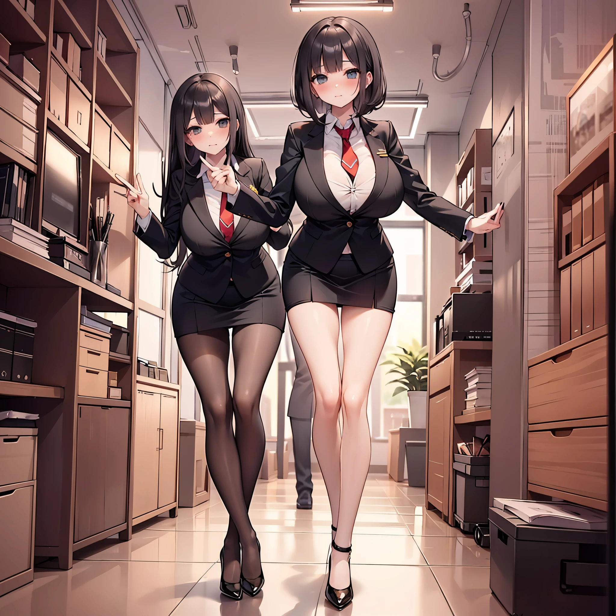 (solo 1 skinny girl standing in office:1.2), swaying back, (business suits:1.3), black blazer, (bursting gigantic huge breasts:1.2), necktie, inconceivably thin waist, too short black skirt, thigh gap, highheels, nose blush, perfect anatomy