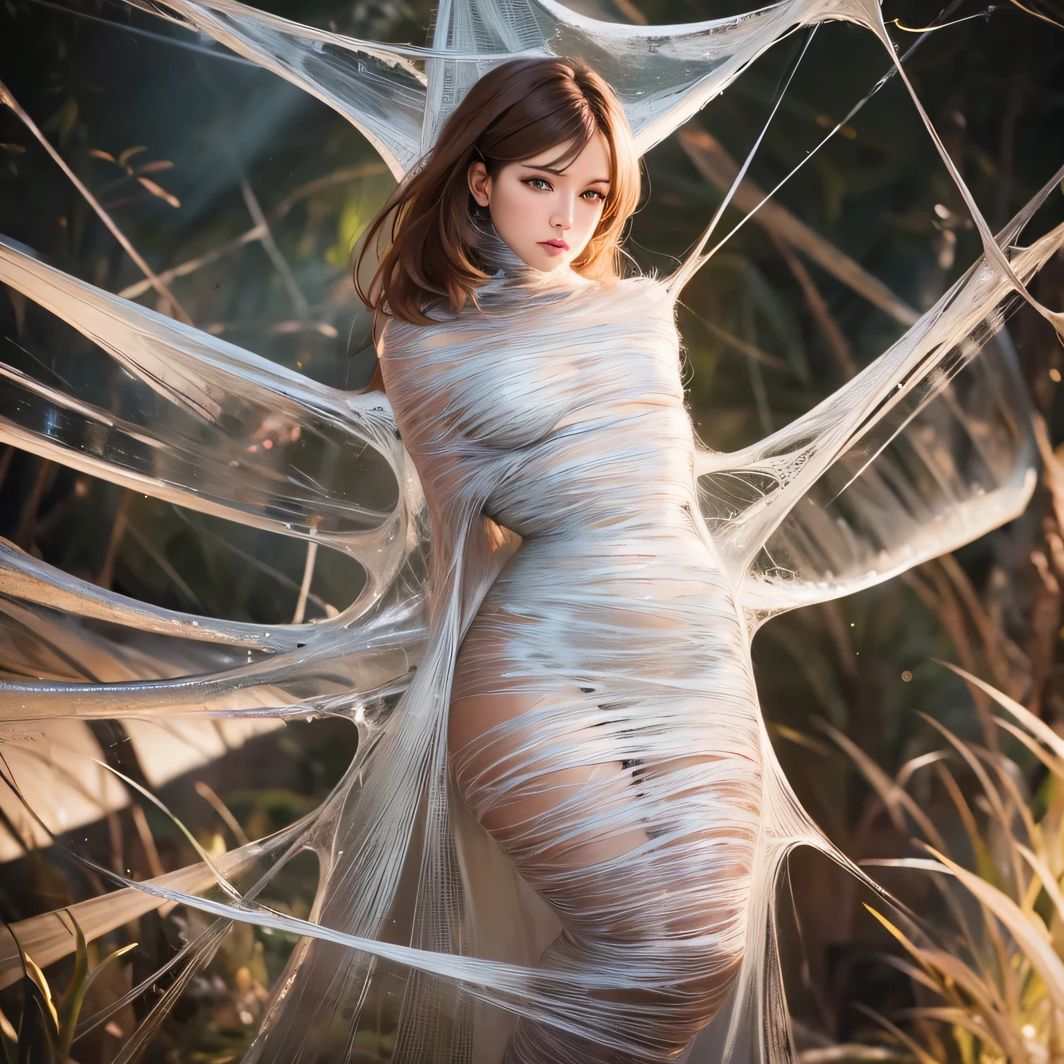 best quality,4k,8k,highres,masterpiece:1.2,ultra-detailed,realistic:1.37, HDR,UHD,studio lighting,ultra-fine painting,sharp focus,physically-based rendering,extreme detail description,professional,vivid colors,bokeh, portraits,web,subtle lighting,dark atmosphere, (cocoon:1.2), brown haired girl,