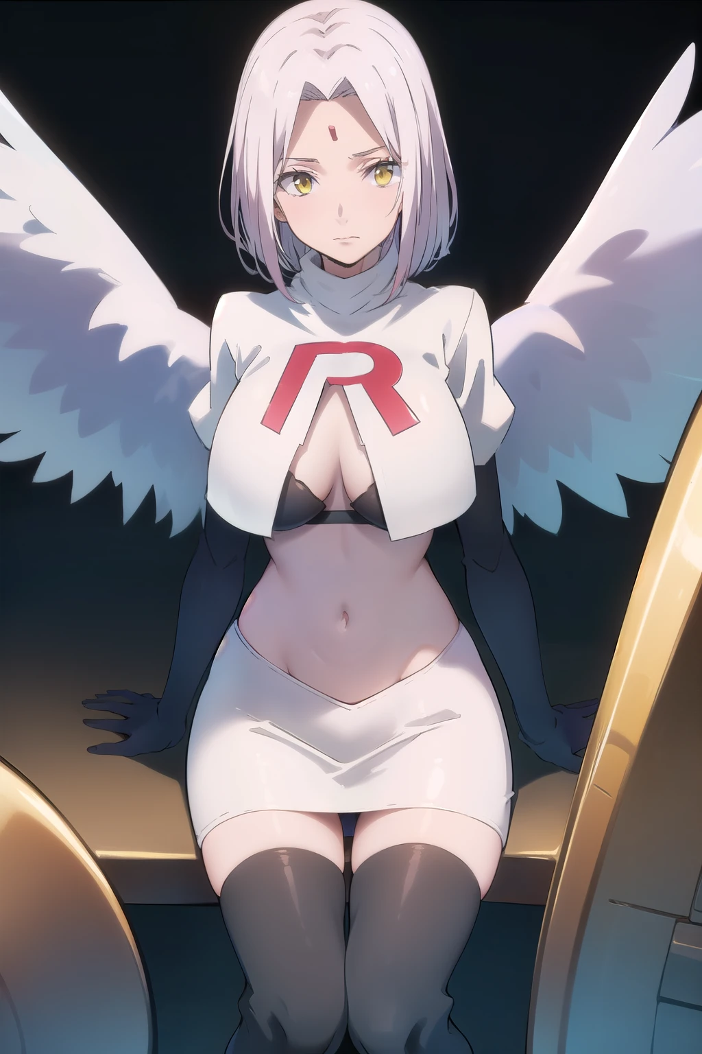 photorealistic, (4k), depth of field, (Masterpiece), (realistic skin texture), extremely detailed, intricate, hyper detailed, professional photography, high resolution, sharp detail, best quality, woman, short hair, pink hair, angel wings, large wings, yellow eyes, red gem on forehead, (flying:1.5), in the sky, (above clouds), (clouds:1.3), blue sky, between clouds, landscape far away, (outdoors), team rocket,team rocket uniform,white skirt,red letter R,crop top,black thigh-highs,black elbow gloves