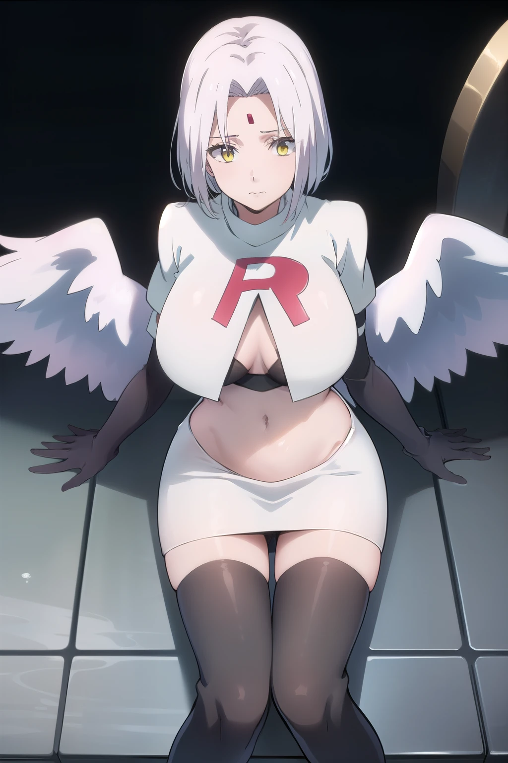 photorealistic, (4k), depth of field, (Masterpiece), (realistic skin texture), extremely detailed, intricate, hyper detailed, professional photography, high resolution, sharp detail, best quality, woman, short hair, pink hair, angel wings, large wings, yellow eyes, red gem on forehead, (flying:1.5), in the sky, (above clouds), (clouds:1.3), blue sky, between clouds, landscape far away, (outdoors), team rocket,team rocket uniform,white skirt,red letter R,crop top,black thigh-highs,black elbow gloves