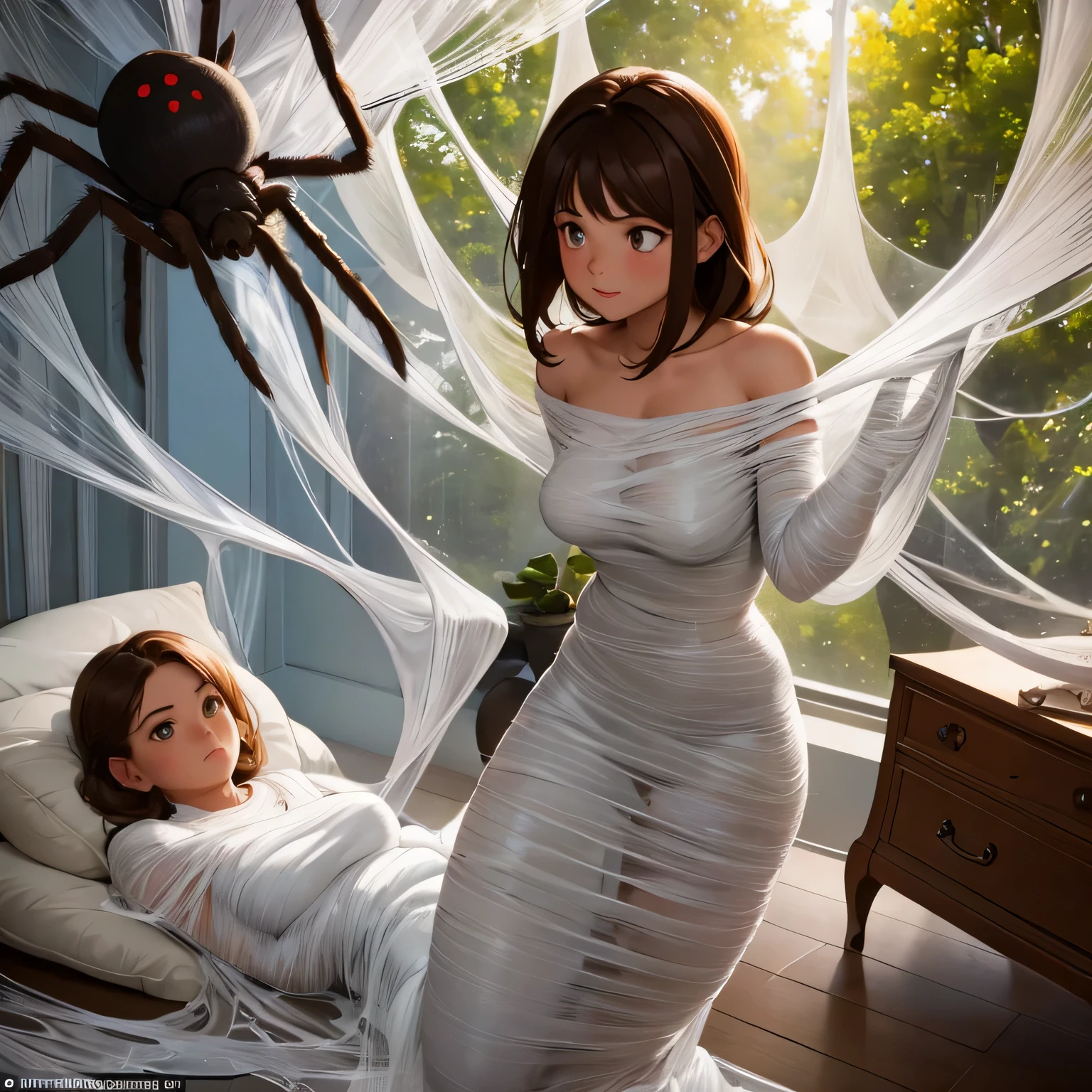 1girl,Spider weaving a net on the girl,réalism:1.2,ultra-detailed,bedroom setting,stretched pose,struggling in the net,brown haired,very long sheer skirt,oaken floor,soft sunlight,delicate spider silk,lace curtains,bedside table,decorative pillows