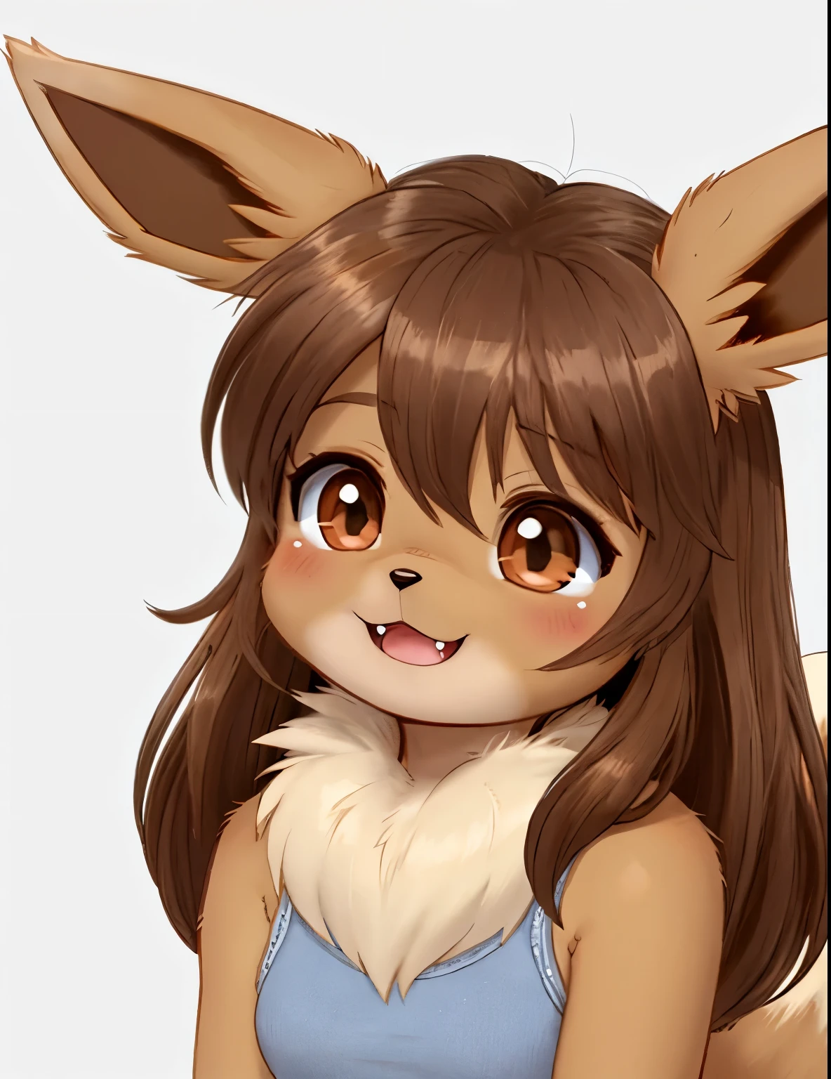 anthro female eevee, long brown hair, cute face, fangs