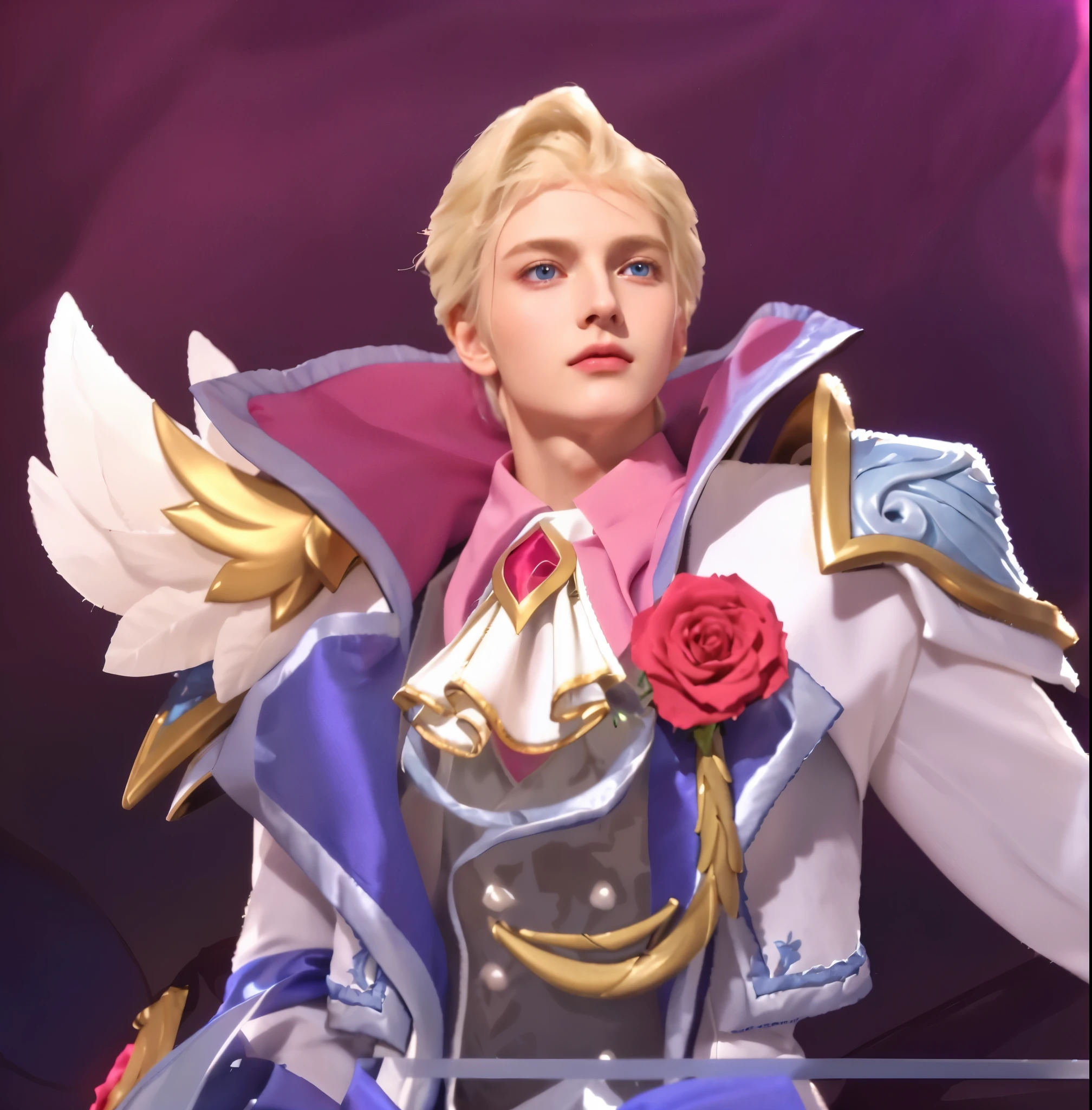 1man, (a close-up),(best quality,highres,ultra-detailed),portrait,detailed facial features,(beautiful detailed eyes),delicate androgynous prince,blue eyes,blonde hair,(white costume,flowing white garments,flowy white attire),(rose on shoulder,rose accessory),male character,(sigma male:1.1),(realistic,photorealistic:1.37),soft lighting,vibrant colors