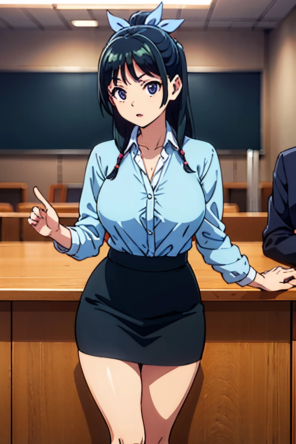 big breasts、I&#39;m thin、narrow waist、legs are also thin、Inside a luxury office、working at the desk in the office、wearing a suit、white business shirt、Black Business Skirt、Black Business Jacket