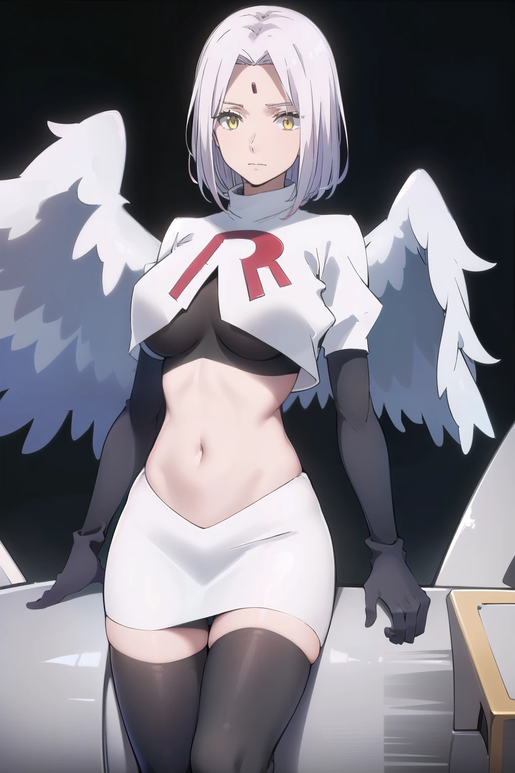 photorealistic, (4k), depth of field, (Masterpiece), (realistic skin texture), extremely detailed, intricate, hyper detailed, professional photography, high resolution, sharp detail, best quality, woman, short hair, pink hair, angel wings, large wings, yellow eyes, red gem on forehead, (flying:1.5), in the sky, (above clouds), (clouds:1.3), blue sky, between clouds, landscape far away, (outdoors), team rocket,team rocket uniform,white skirt,red letter R,crop top,black thigh-highs,black elbow gloves