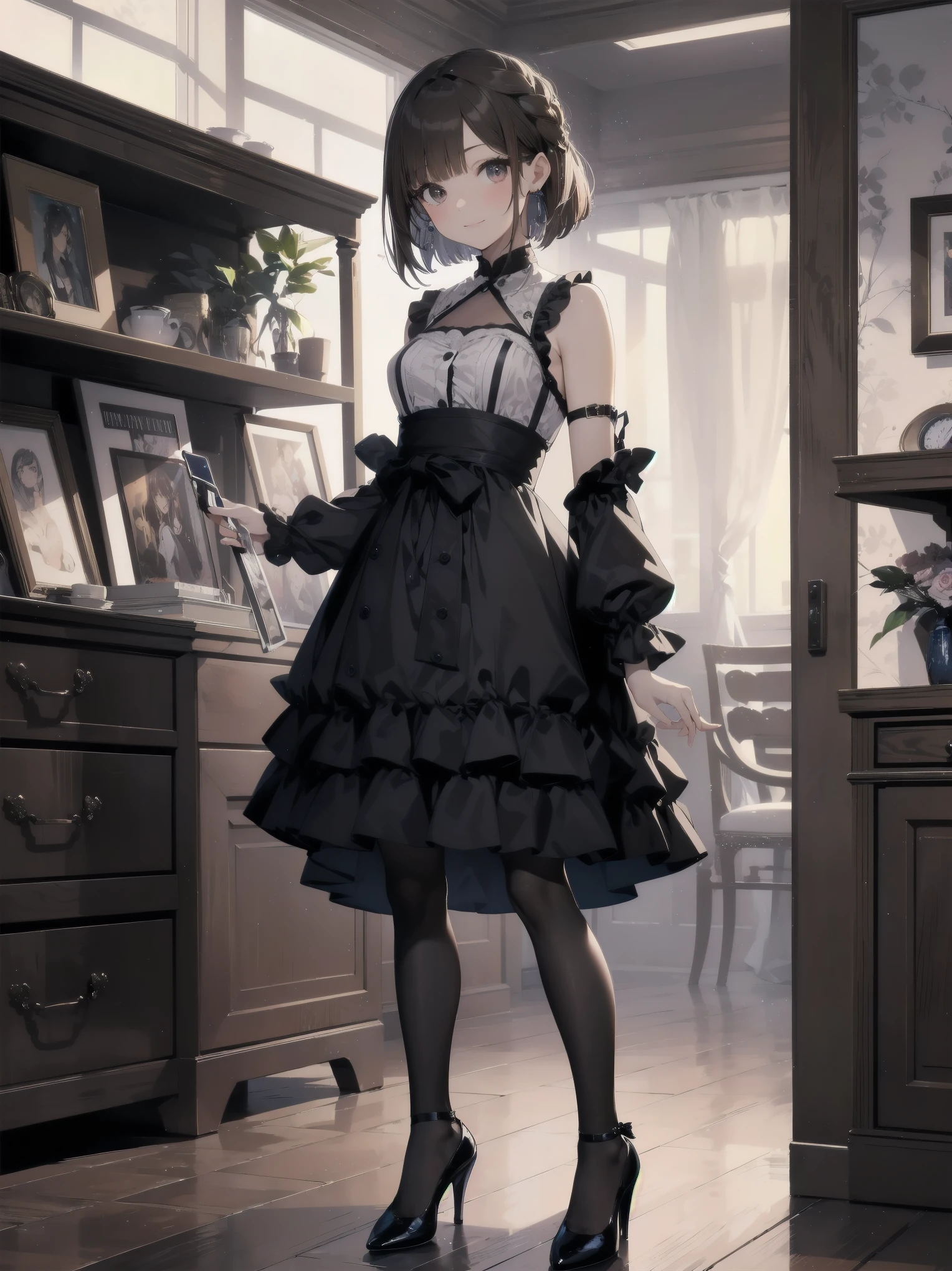 (Ultimate masterpiece), (Superb quality), (Ultra-detailed), High resolution, Ultimate beauty, High saturation, Vivid,.
1 beautiful girl,(Cute girl),(Thighs, black tights),(High heels), Ultra detailed and pretty dress from luxury brand,
Super smile, brown hair, one length bob cut braided, (standing, dynamic pose), (dainty pose, super cute), Marquis' house Zheng, indoor background,
Fashion magazine shoot, professional shading, best illustration of her looking pretty.