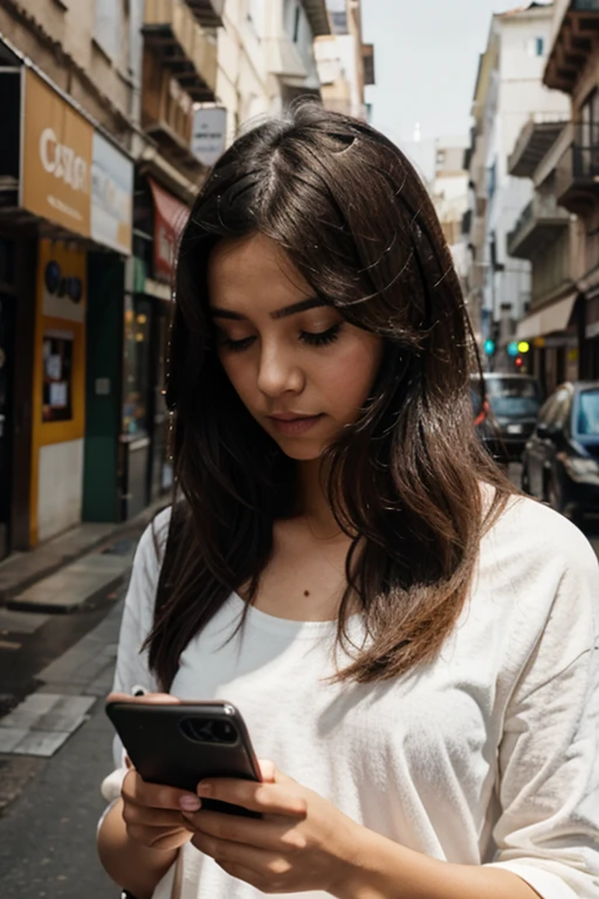 Crie uma imagem de uma pessoa segurando um smartphone