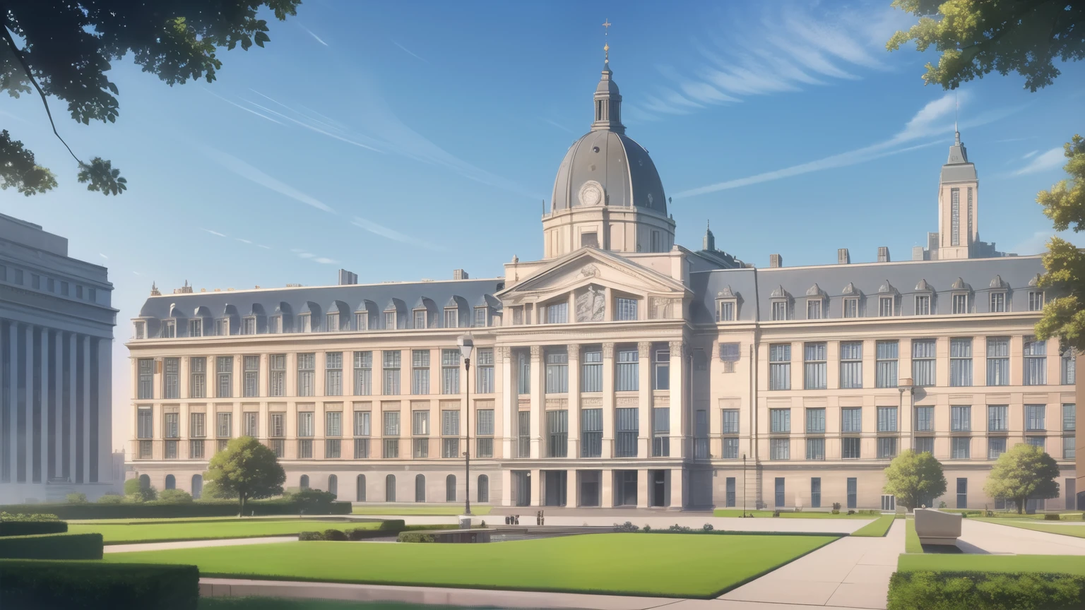 (masterpiece), (best quality), (ultra-detailed), (best illustration), (best shadow), (european modern administrative building style), (big city hall), trees, (administrative building), (square roofless building)