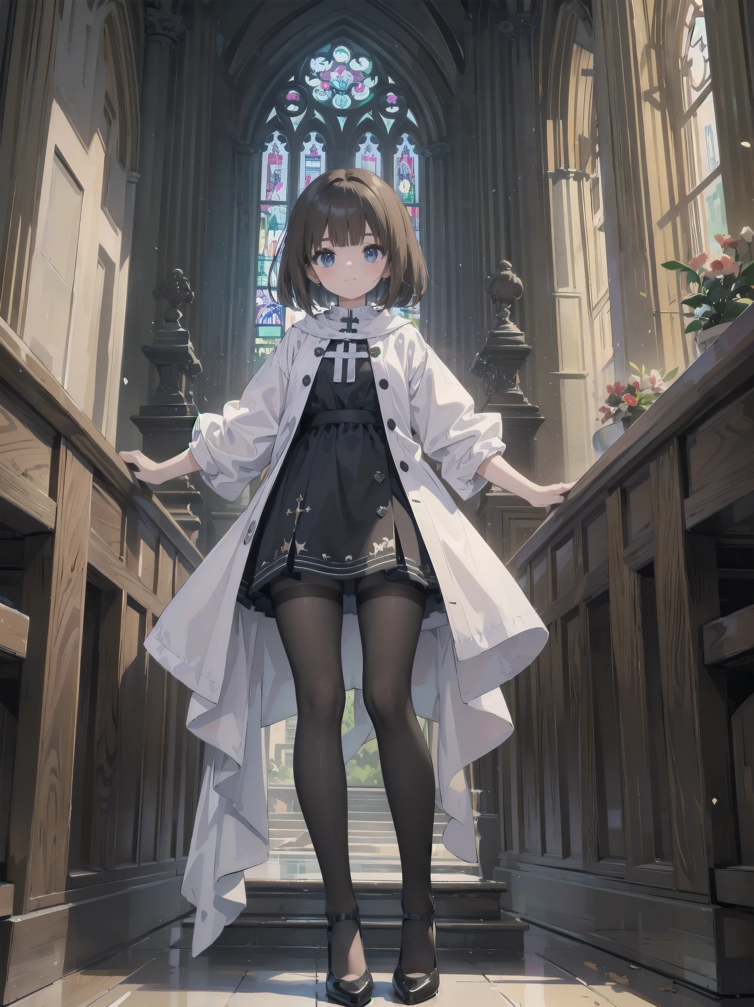 (Ultimate masterpiece), (Superb quality), (Ultra-detailed), High resolution, Ultimate beauty, High saturation, Vivid,.
1 beautiful girl, (cute girl), (thighs, black tights), (high heels), (cathedral dress), convent dress,
Super smile, brown hair, one length bob cut braided, (standing, dynamic pose), (dainty pose, super cute), oldest and historic place of worship, indoor background,
Fashion magazine shoot, professional shading, best illustration of her looking pretty.