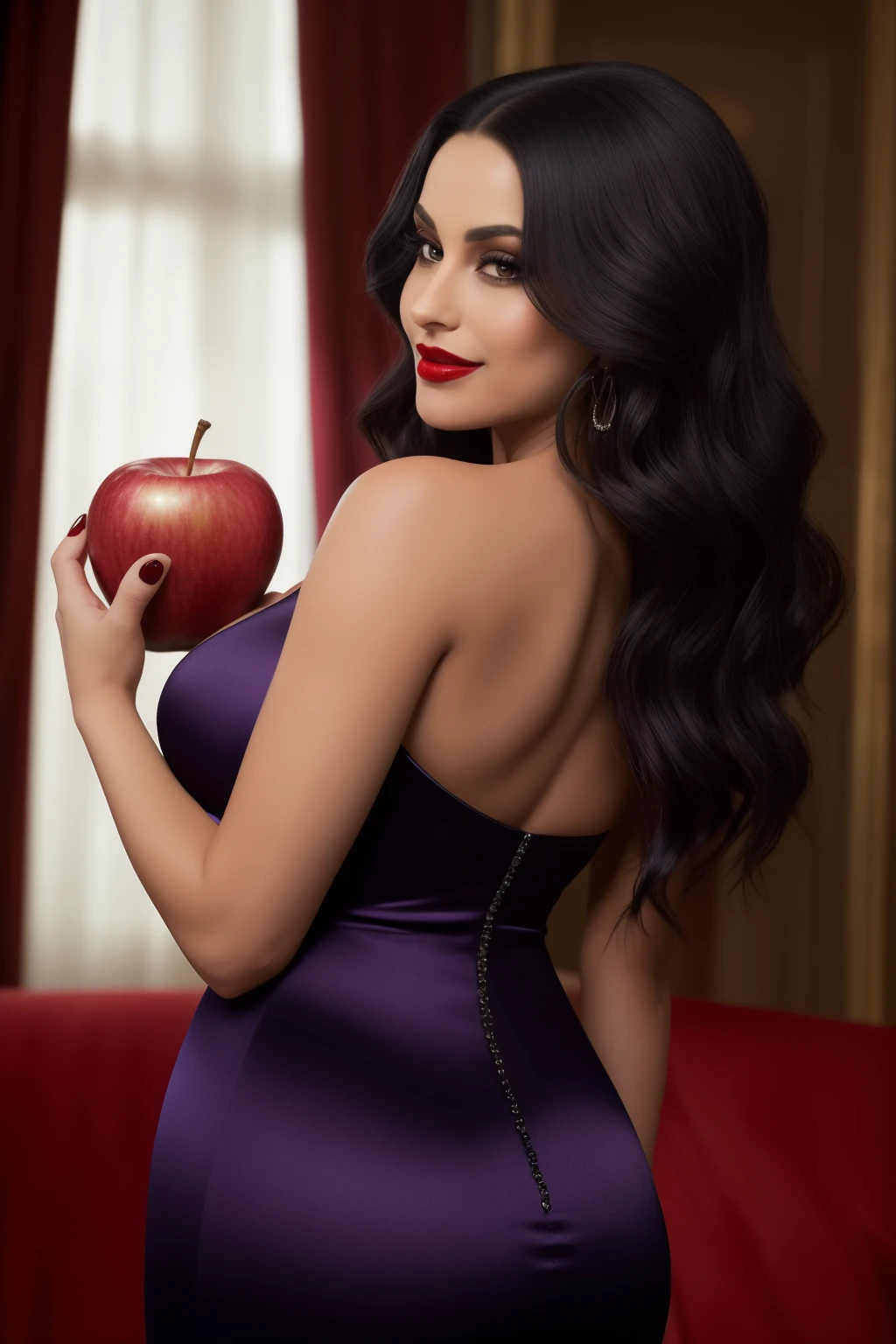 A dark and seductive book cover, adorned with an alluring native or Latina woman, whose raven- black hair cascades down her shoulders with vibrant purple highlights. She wears a provocative outfit that leaves little to the imagination, accentuating her hourglass figure and tantalizing curves. In her hand, she holds a crimson apple, her red lips curving into a tantalizing smile. besides her, a man in a tailored tuxedo stands, his brown hair mussed slightly, his eyes wide with fear or desire, his gaze fixed on the woman and the apple she holds. The background is shrouded in shadows, creating an enticing and mysterious atmosphere. The