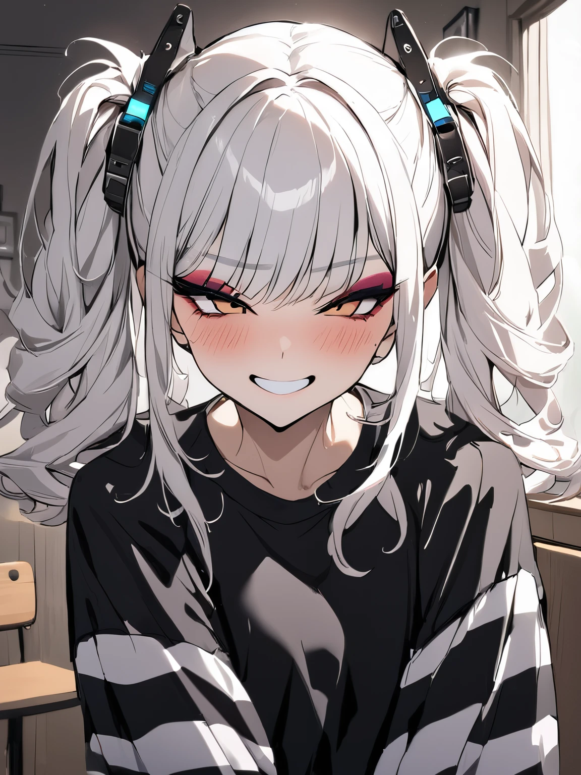 woman, Holo-Punk Style, perfect white hair, masterpiece, best quality, indoors,shy, grin, messy twintails, makeup, standing, posing, blush, black t-shirt, white striped sleeves