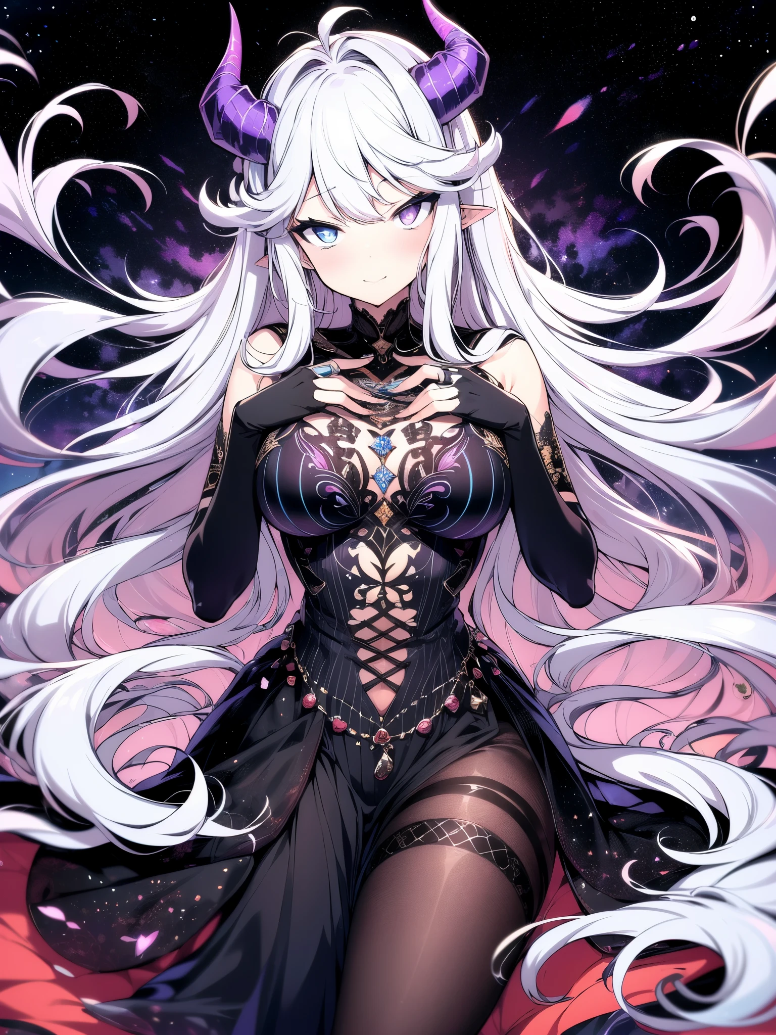 (cowboy shot), (best quality, ultra-high resolution, depth of field:1.2), adult, 1woman, (medium breasts), (dragon woman), feminine, elegant, (heterochromatic eyes:1.2), red right eye, blue left eye, (gentle smile), (starry horns), curved horns, long pastel purple hair, (medium chest), (wearing a starry dress), frills, elegant twirl in long skirt deep indigo and violet shades, (colorful nebula background:1.2), (walking on a sea of stars:1.2), (up view), (looking at the viewer)