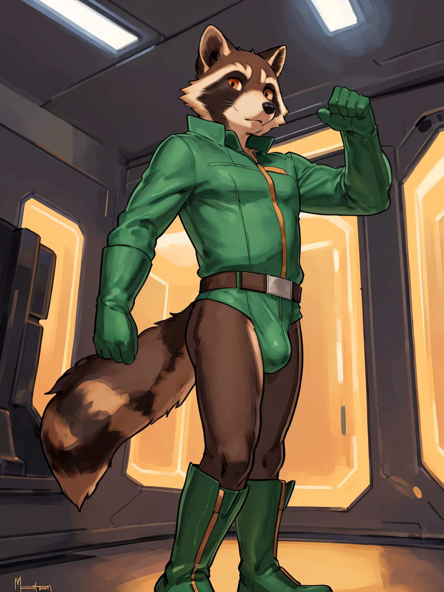 ((by Buta99, by Meesh, best quality, masterpiece, perfect anatomy, detailed picture)), 1male, Rocket Raccoon, adult, dark brown furs, dark orange eyes, skinny chub body, green legless costume, small bulge, green gloves, green boots, backwards, showing butt, in the spaceship room