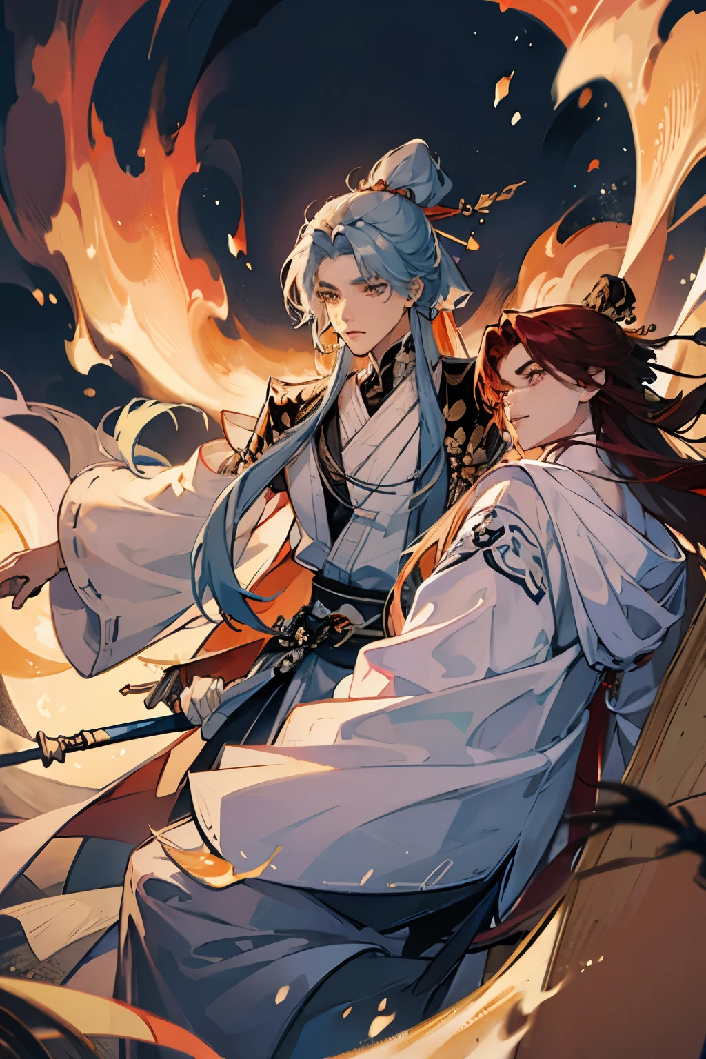 Anime character wearing traditional costume and holding a sword, flowing hair and long robes, whole body wuxi, Yi Qiang and Shrakgut, wearing flowing robe, Inspired by Cao Zhibai, whole body shangxia, fantasy style anime, Inspired by Wu Dozi, flowing robe, wears long flowing clothes、intimate relationship、They wear red clothes and white clothes.