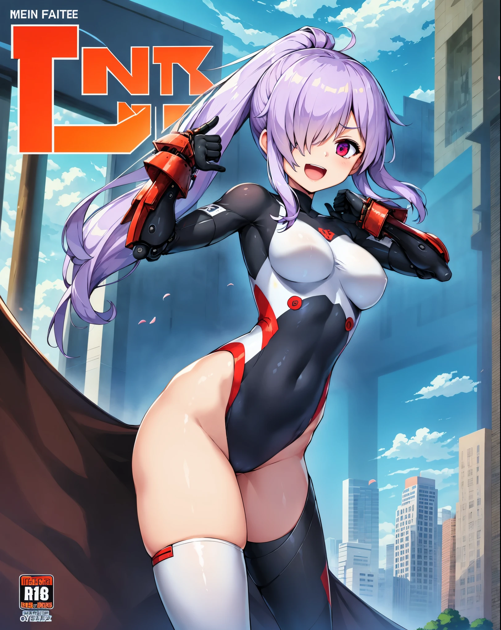 ,1girl,(:1.5), (short_ponytail:1.3), (light_whitish_purple_hair:1.3),black_mechanical_armor_parts,white_breasts_parts_red_black_body_suit,bare_shoulder,bare_slender_thighs,medium_breasts,city_background,Stinging_eyes,sleepy,thighhigh_greaves,gauntlets,dynamic_posing,bare_frank,metal_red_parts_armor,red_eye,solo,
fists,hold_weapon,glare,navel,large_mechanical_parts,happy,waist_armor,open_mouth,rise_legs,apart_legs, (covered_navel:1.3),(very_long_bangs:1.3), (hair_over_one_eye:1.5),(long_bang_covers_right_half_of_face:1.5),
(covered_pussy:1.1),covered_breasts,fighting,