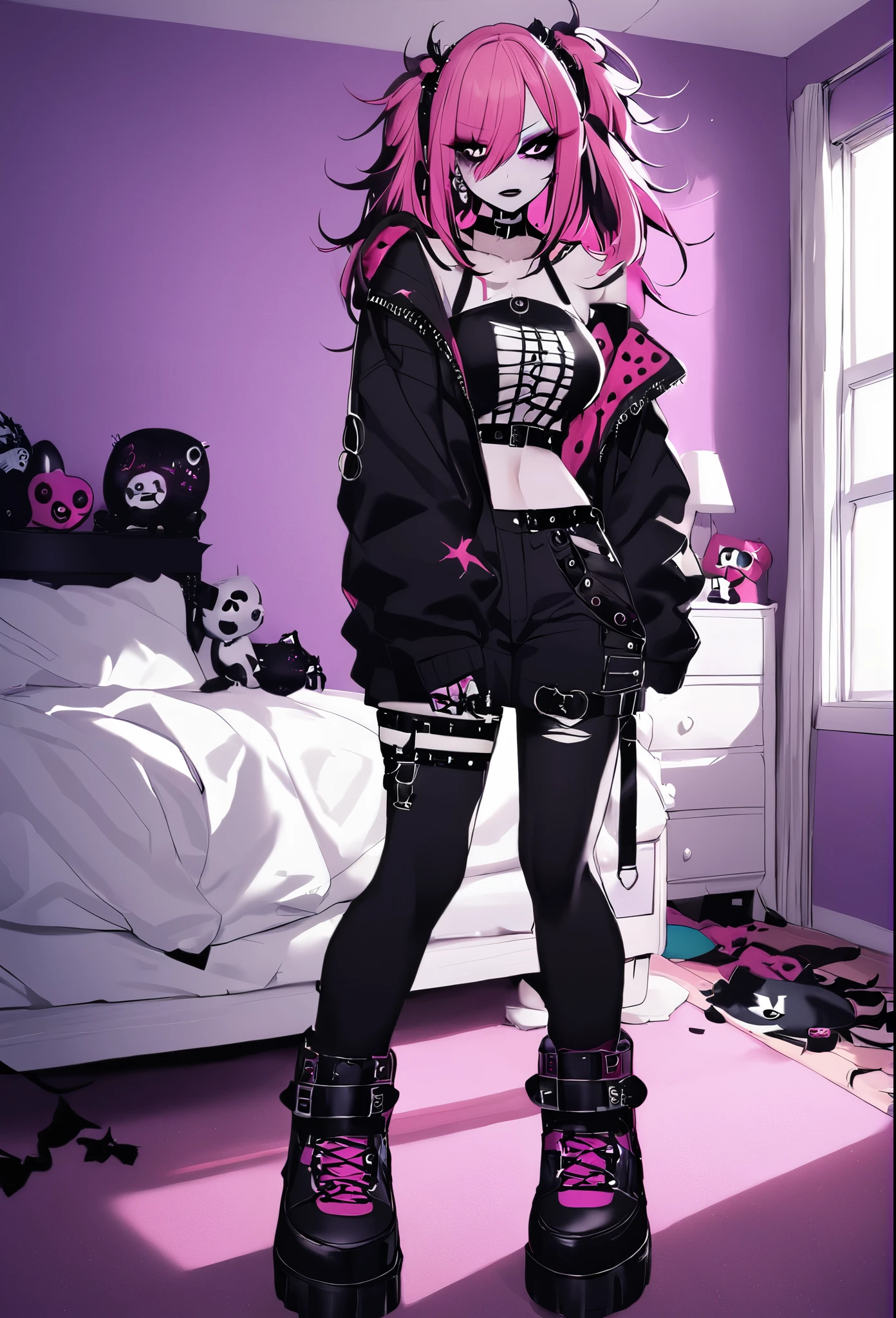 woman, Holo-Punk Style, beautiful woman in messy bedroom, full body, poofy hair,
eyeliner,
emo,
emo makeup,
goth, pink hair, large breasts