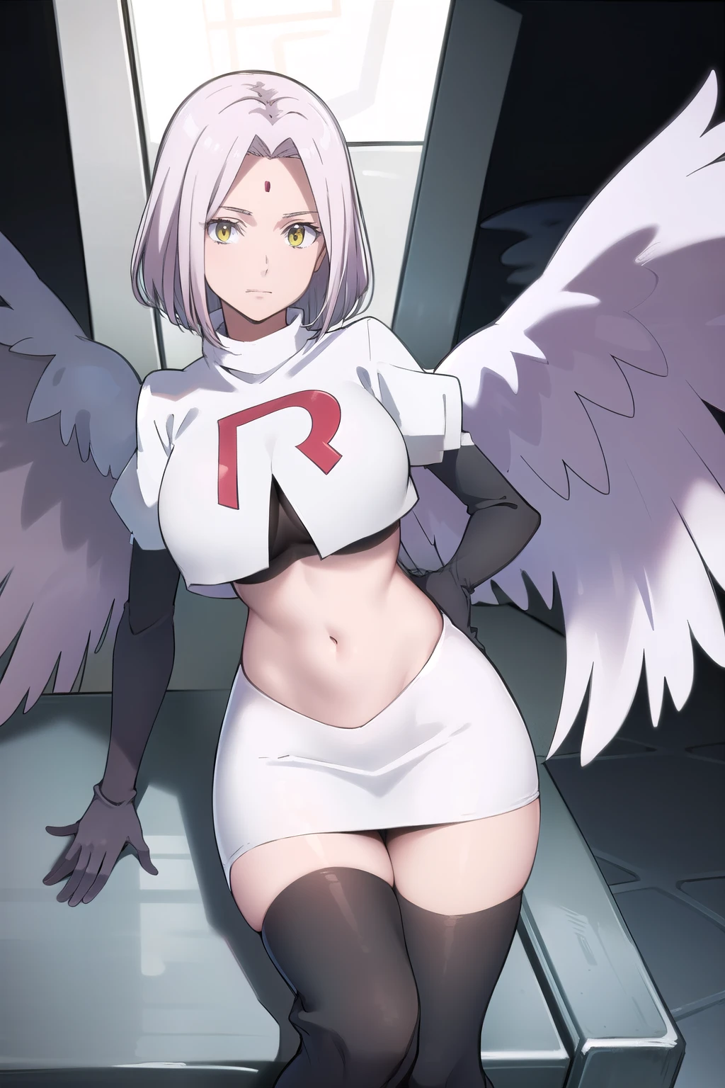 photorealistic, (4k), depth of field, (Masterpiece), (realistic skin texture), extremely detailed, intricate, hyper detailed, professional photography, high resolution, sharp detail, best quality, woman, short hair, pink hair, angel wings, large wings, yellow eyes, red gem on forehead, (flying:1.5), in the sky, (above clouds), (clouds:1.3), blue sky, between clouds, landscape far away, (outdoors), team rocket,team rocket uniform,white skirt,red letter R,crop top,black thigh-highs,black elbow gloves