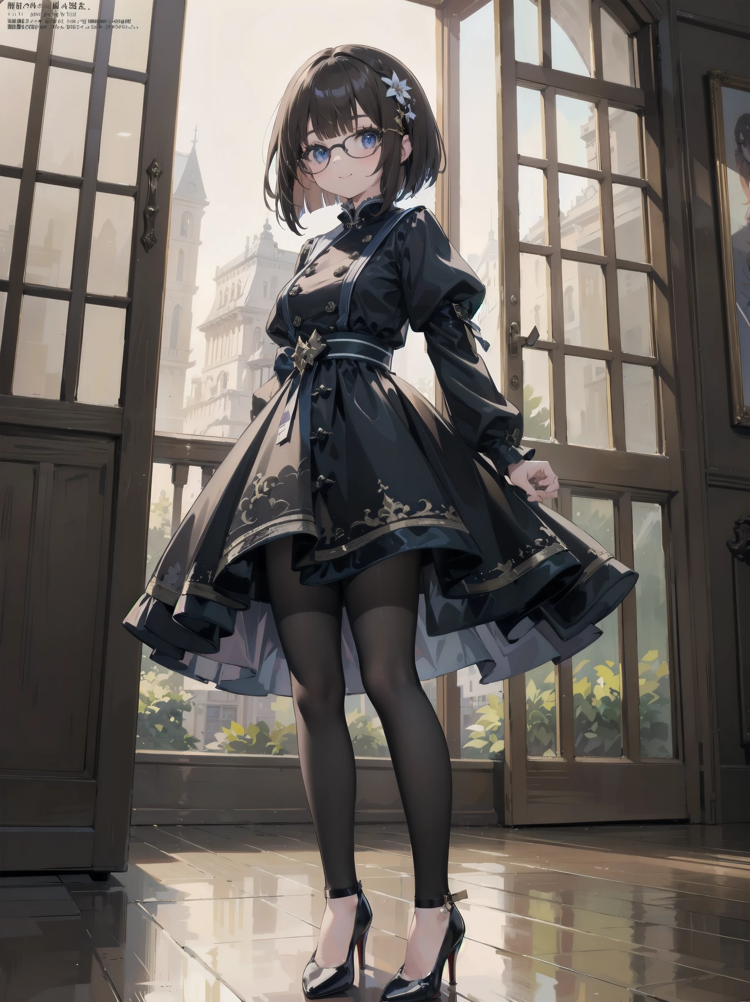 (Ultimate masterpiece), (Superb quality), (Ultra-detailed), High resolution, Ultimate beauty, High saturation, Vivid,.
 
 
1 beautiful girl,(Cute girl),(Thighs, black tights),(High heels), Ultra detailed and pretty dress from luxury brand,
Super smile, brown hair, one length bob cut braided, (standing, dynamic pose), (dainty pose, super cute), Marquis' house Zheng, indoor background,
Fashion magazine shoot, professional shading, best illustration of her looking pretty.