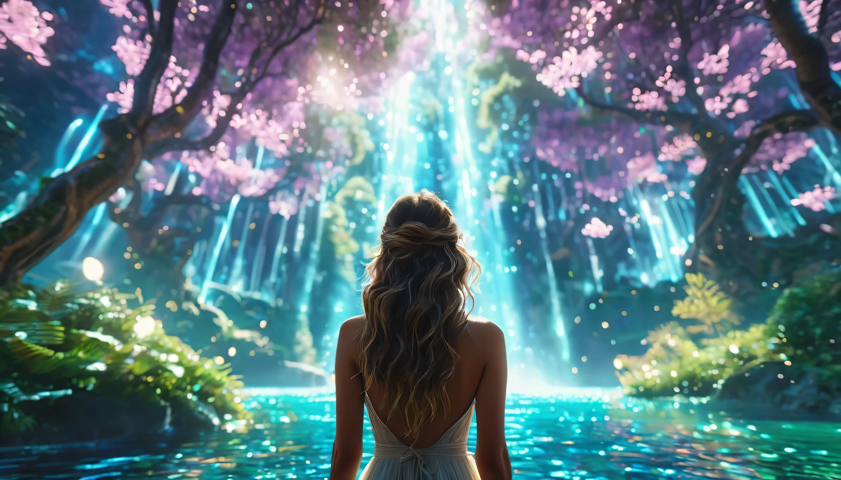 There is a woman from behind in the center of the screen., she is staring straight into the screen, 8k,towering tree々Immerse yourself in a world of wonder surrounded by sparkling streams.. There is a woman seen from behind at the bottom center of the screen., On the way、魔法の生き物や世界のあらゆる細部を捉えたwonderful景色に出会うでしょう。. wonderful, fantasy, peaceful atmosphere, super sharp focus, feminine clothing, sandy beach lighting, wonderful 8K 広角写真スタイル, (((Increase screen ratio for women))),like a diva,the tree stands straight