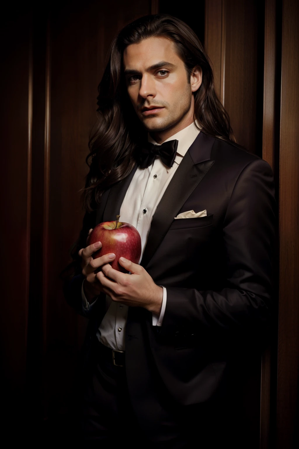 (Masterpiece: 1.1), Dark and seductive, (no words or text: 0.8), Book cover, (sexy woman: 1.3), Purple highlights, long wavy hair, (sexily posed: 0.5), Holding an apple, provocative, (sexy outfit: 1.2), Red lips, smoky eyeansions: 1.2),

(Man in suit: 1.2), Brown hair, nicely groomed, (scared: 0.8), Wearing a tuxedo, nervous expression, looking over shoulder, (suspenseful: 0.6), Hands