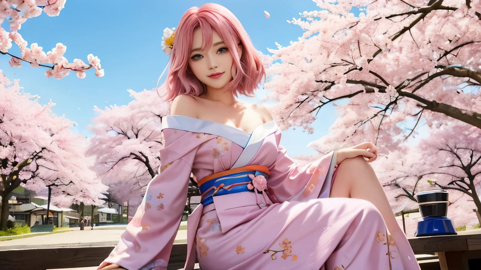 anime, one girl, colorful hair,pink hair and blue hair、 Hair is tangled, pink eyes, Kyoto, cherry blossoms、petal、moon, pink patterned kimono, off shoulder, sitting, alone,cleavage、smile、close up of face