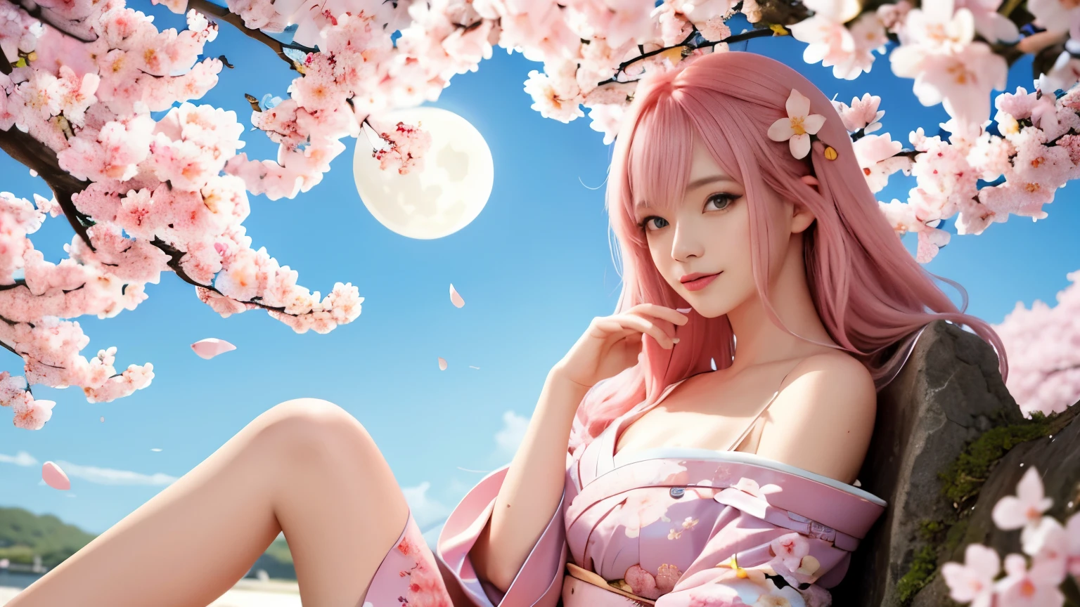 anime, one girl, colorful hair,pink hair and blue hair、 Hair is tangled, pink eyes, Kyoto, cherry blossoms、petal、moon, pink patterned kimono, off shoulder, sitting, alone,cleavage、smile、close up of face