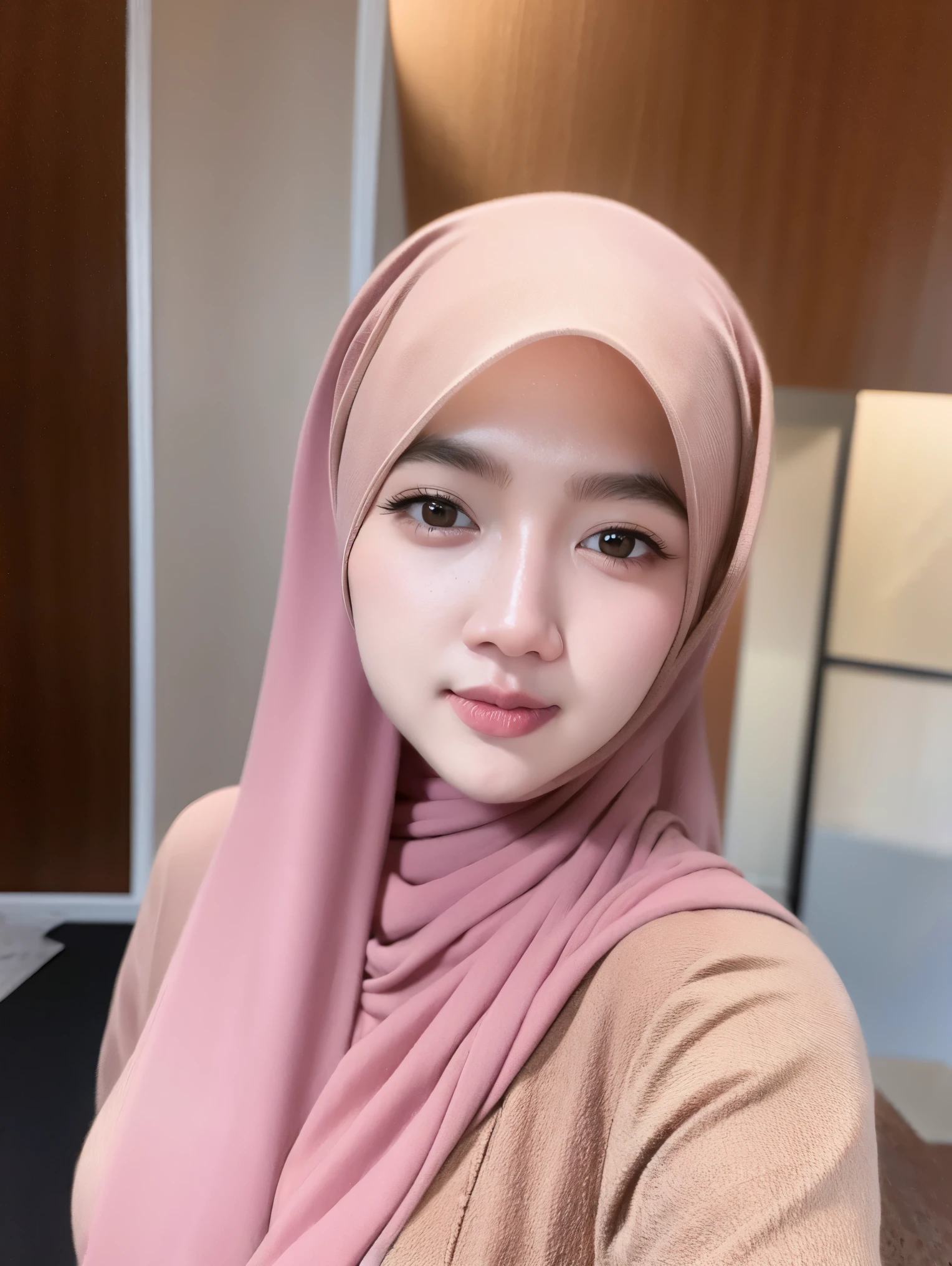 a photo portrait of a beautiful asian girl with hijab and few freckles, (plain pastel pink hijab), (medium shot portrait:1.3), dramatic light , Rembrandt lighting scheme, (hyperrealism:1.2), (8K UHD:1.2), (photorealistic:1.2), shot with Canon EOS 5D Mark IV, detailed face, detailed skin texture