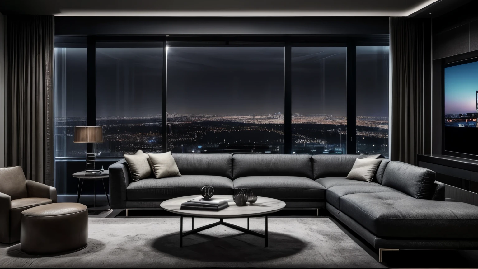 "A futuristic and sleek modern living room with a stylishly designed TV, comfortable couch, and a sleek desk. The room features floor-to-ceiling windows that offer stunning views of a bustling cityscape at night, creating a mesmerizing cyberpunk atmosphere." big windows , at night, dark, night view, interior  