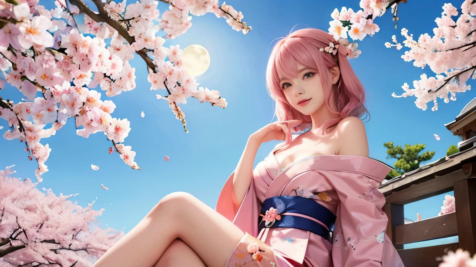 anime, one girl, colorful hair,pink hair and blue hair、 Hair is tangled, pink eyes, Kyoto, cherry blossoms、petal、moon, pink patterned kimono, off shoulder, sitting, alone,cleavage、smile、close up of face