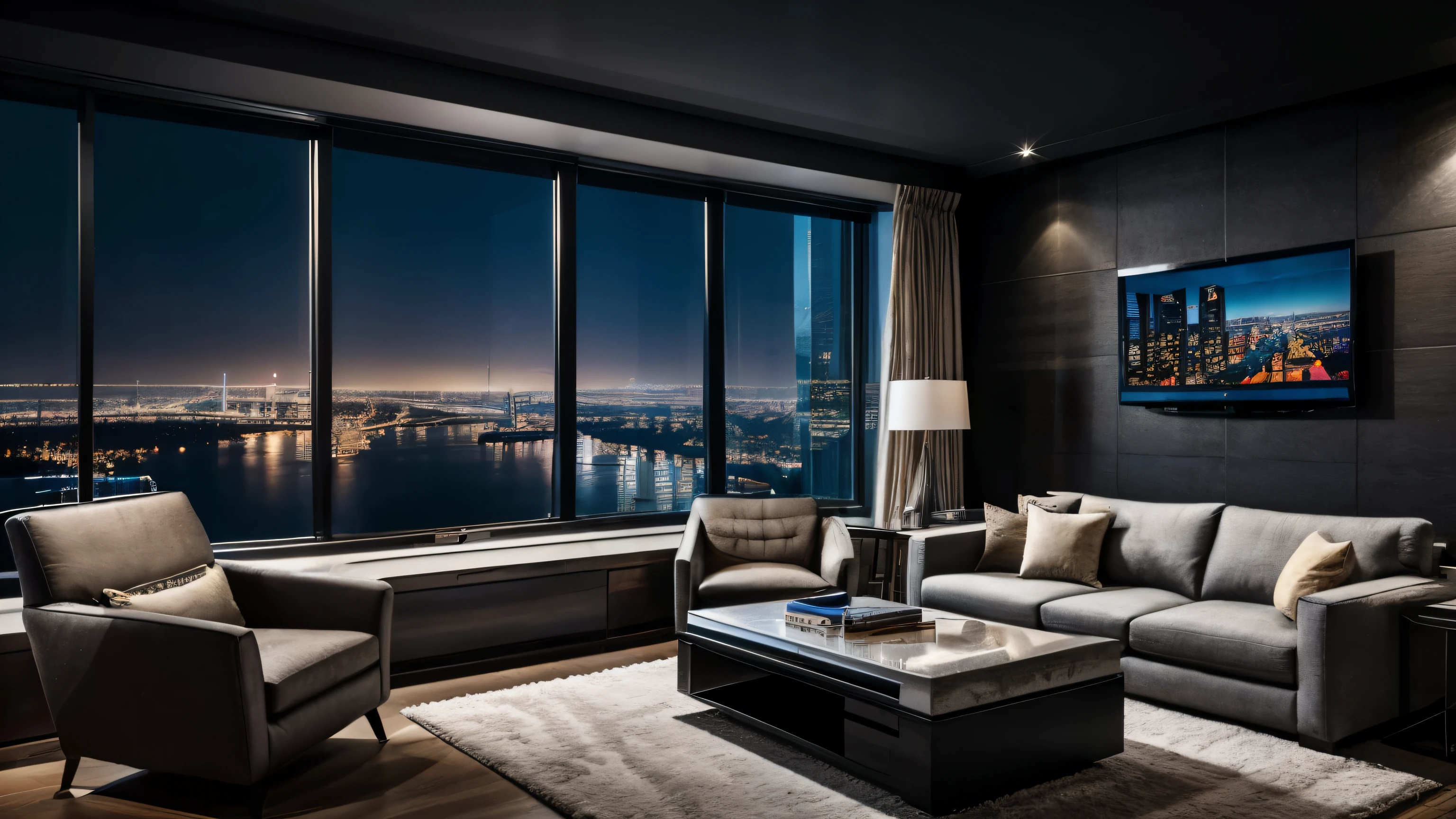 "A futuristic and sleek modern living room with a stylishly designed TV, comfortable couch, and a sleek desk. The room features floor-to-ceiling windows that offer stunning views of a bustling cityscape at night, creating a mesmerizing cyberpunk atmosphere." big windows , at night, dark, night view, interior  