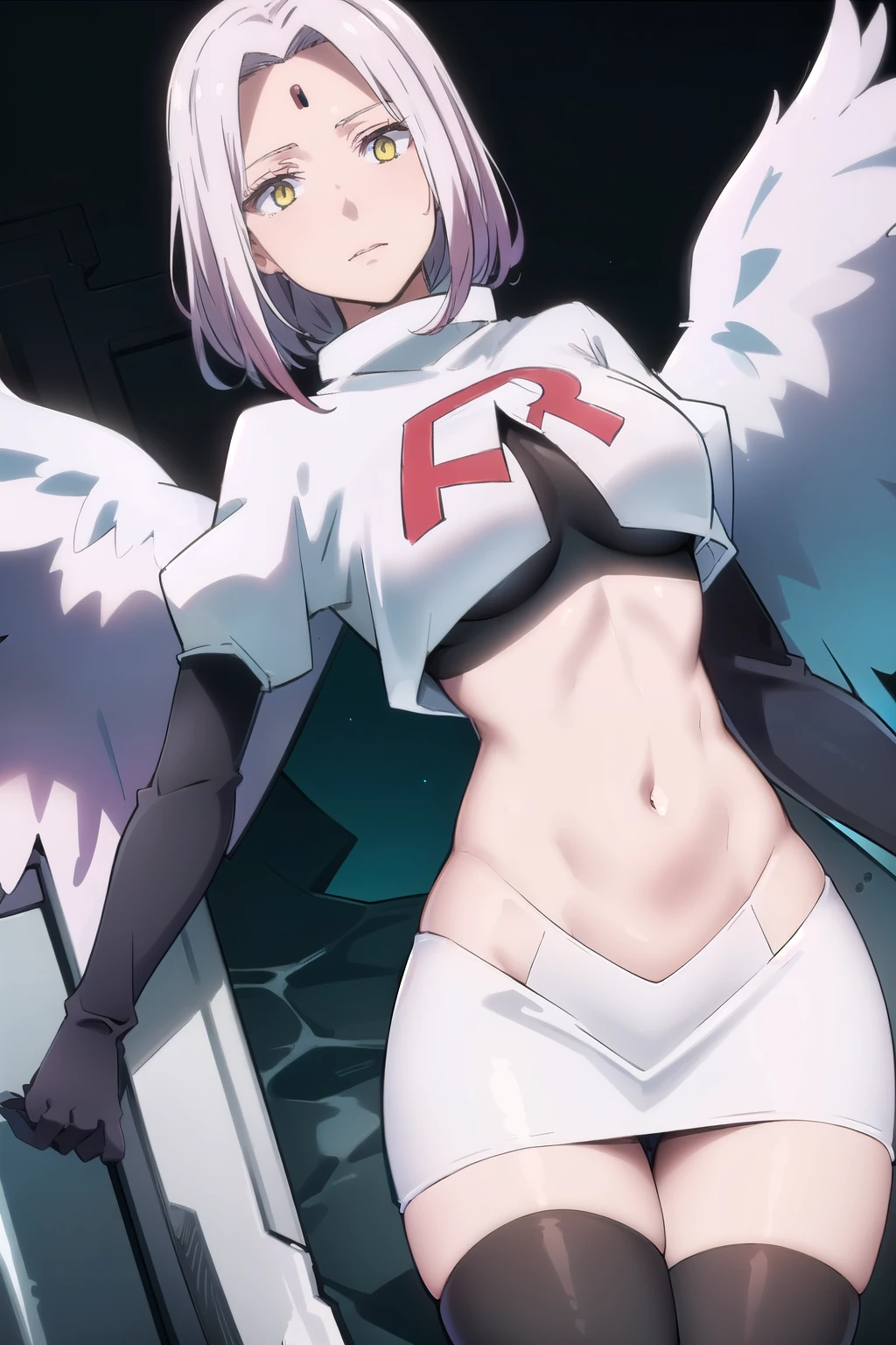 photorealistic, (4k), depth of field, (Masterpiece), (realistic skin texture), extremely detailed, intricate, hyper detailed, professional photography, high resolution, sharp detail, best quality, woman, short hair, pink hair, angel wings, large wings, yellow eyes, red gem on forehead, (flying:1.5), in the sky, (above clouds), (clouds:1.3), blue sky, between clouds, landscape far away, (outdoors), team rocket,team rocket uniform,white skirt,red letter R,crop top,black thigh-highs,black elbow gloves