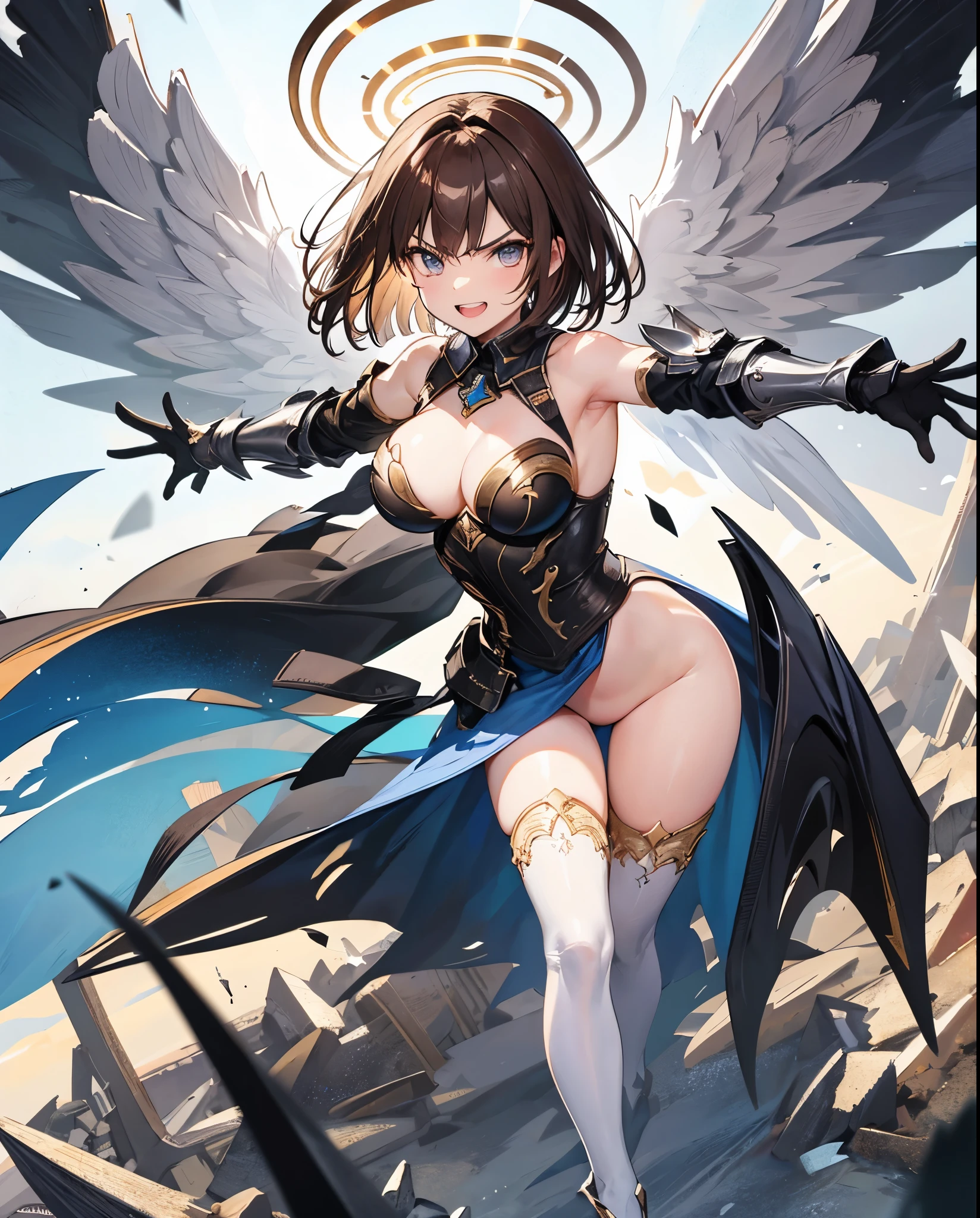 fantasy, 1angel_girl,, ,brown_hair, medium_bob_hair, long_bangs, halo,bare_shoulder,thighhighs,silver_armor, waist_armor, large_breasts,angry,grinning,open_mouth_teeth, 1pair_wings, dynamic_pose_fighting,floating, bare_crotch, headgear,gauntlet, greaves,city_background,slightly_spread_legs, solo, groin_naked,