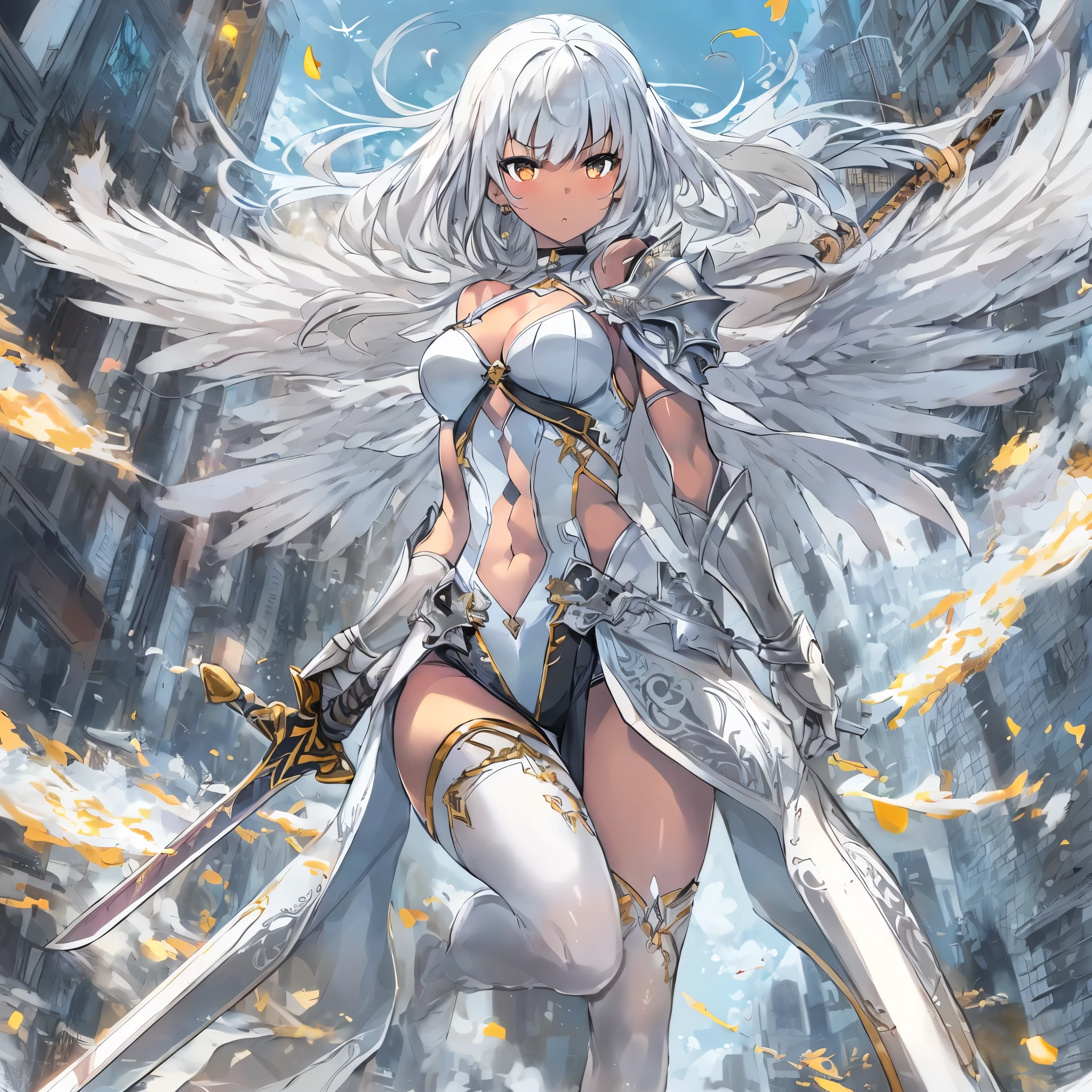 fantasy, 1angel_girl, low_teen, white_medium_bob_hair,long_bangs, (dark_skin)+, bare_shoulder, navel out, thighhighs,silver_shiny_armor, white_clothes,waist_armor, Glebe, hold_shiny_swords, medium_breasts,, dynamic_pose_fighting,Floating, (1pair_white_wings,pelvic_curtain)++, Headgear ,city_sky_background,,slightly_spread_legs, multiple_shiny_swords_floating_around_the_girl