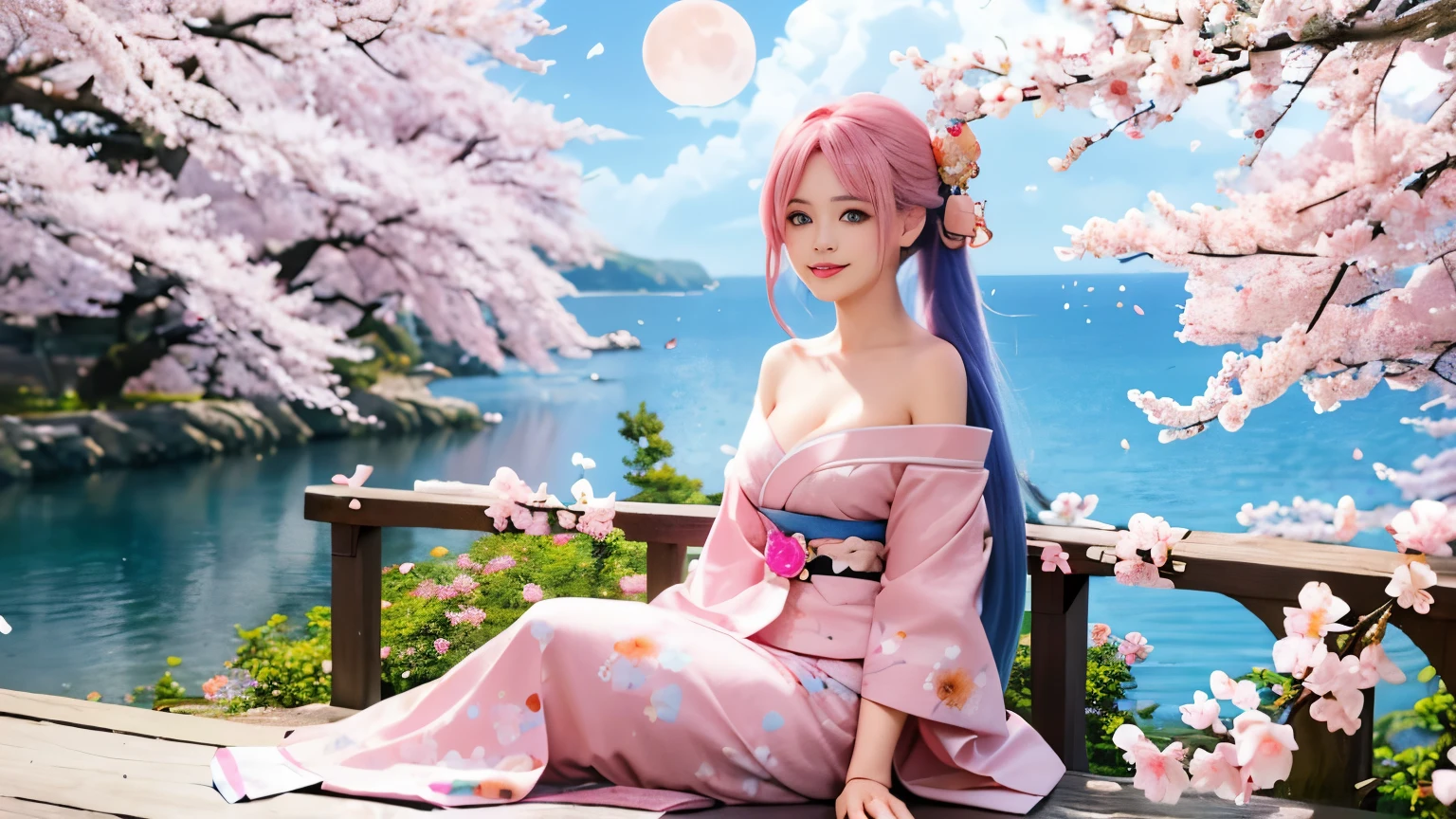 anime, one girl, colorful hair,pink hair and blue hair、 Hair is tangled, pink eyes, Kyoto, cherry blossoms、petal、moon, pink patterned kimono, off shoulder, sitting, alone,cleavage、smile、close up of face
