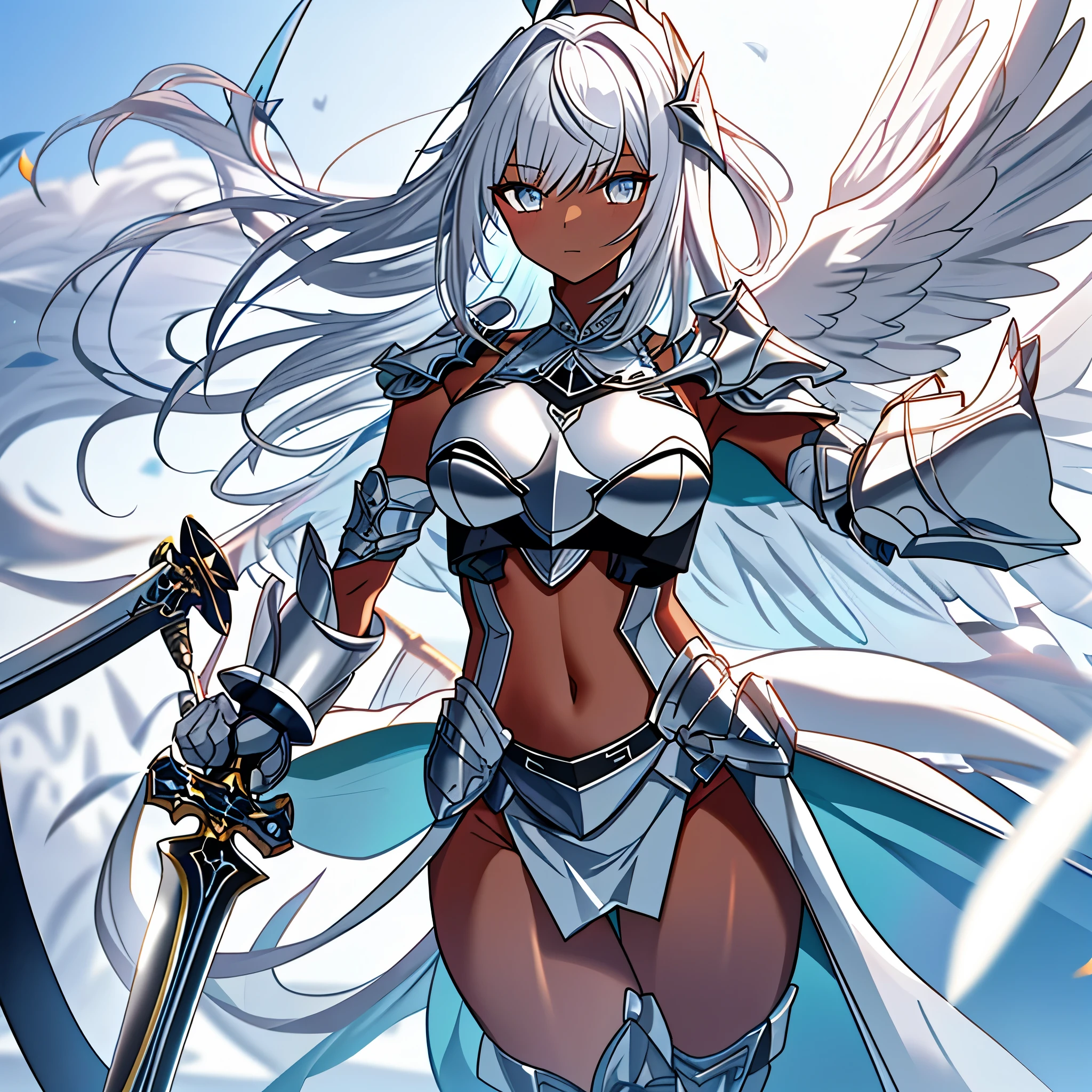 fantasy, 1angel_girl, low_teen, silver_medium_hair,long_bangs, (dark_skin)+, bare_shoulder, navel out, thighhighs,silver_shiny_armor, white_clothes,waist_armor, Glebe, hold_shiny_swords, medium_breasts, dynamic_pose_fighting,Floating, (1pair_white_wings,pelvic_curtain)++, Headgear ,city_sky_background,,slightly_spread_legs, multiple_shiny_swords_floating_around_the_girl