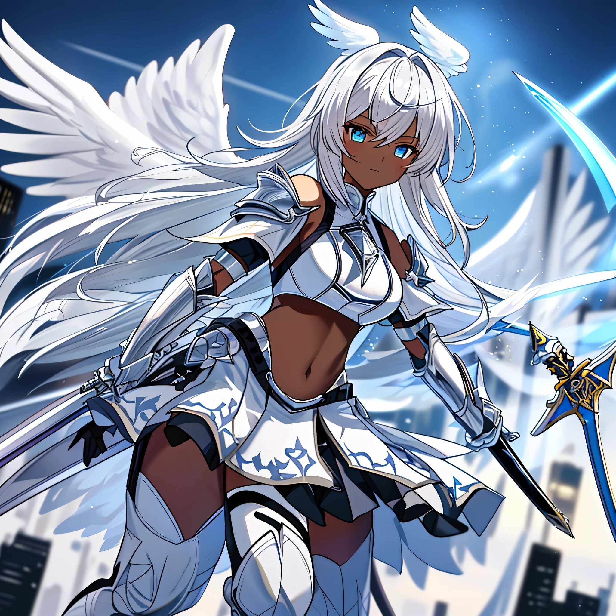 fantasy, 1angel_girl, low_, silver_medium_hair,long_bangs, (dark_skin)+, bare_shoulder, navel out, thighhighs,silver_shiny_armor, white_clothes,waist_armor, Glebe, hold_shiny_swords, medium_breasts, dynamic_pose_fighting,Floating, (1pair_white_wings,pelvic_curtain)++, Headgear ,city_sky_background,,slightly_spread_legs, multiple_shiny_swords_floating_around_the_girl