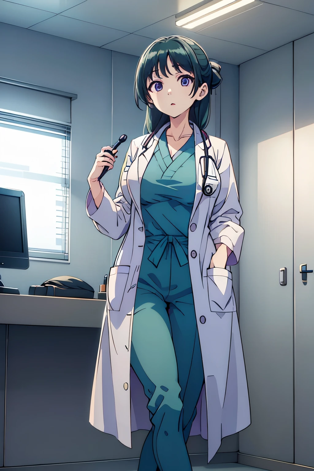 big breasts、I&#39;m thin、narrow waist、legs are also thin、Wearing a white researcher&#39;s jacket、inside the hospital、white shirt、black skinny pants、have a stethoscope、Not wearing a hat、green hair color、eyes are purple