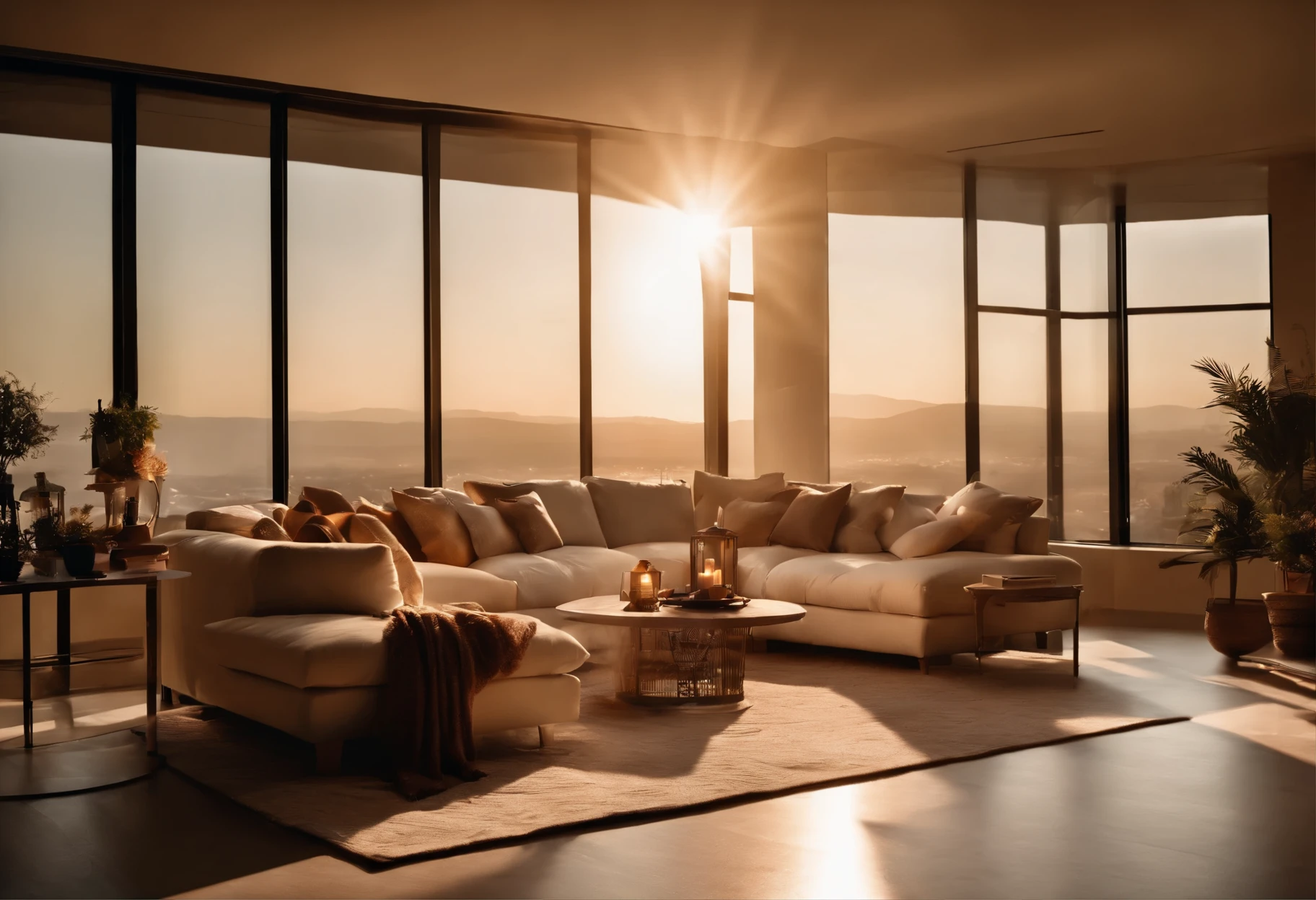 Commercial photography, actual shooting, photoreal.
(((Large frameless floor-to-ceiling windows))), (((The sunset through the window is dazzling))), ((The room is lit with candles and indirect lighting)), ((Based on beige and white) Stylish interior)), ((plush sofa and table)), ((on the table are half-read books, drinks, and food)),
It creates a comfortable space that invites sleep.
Cozy, relaxing, 8K, masterpiece.