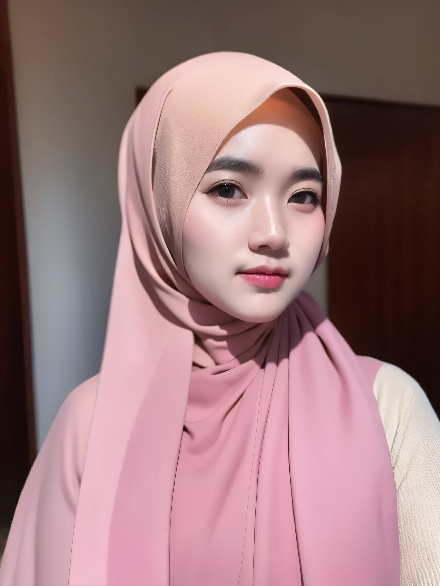 a photo portrait of a beautiful asian girl with hijab and few freckles, (plain pastel pink hijab), (medium shot portrait:1.3), dramatic light , Rembrandt lighting scheme, (hyperrealism:1.2), (8K UHD:1.2), (photorealistic:1.2), shot with Canon EOS 5D Mark IV, detailed face, detailed skin texture