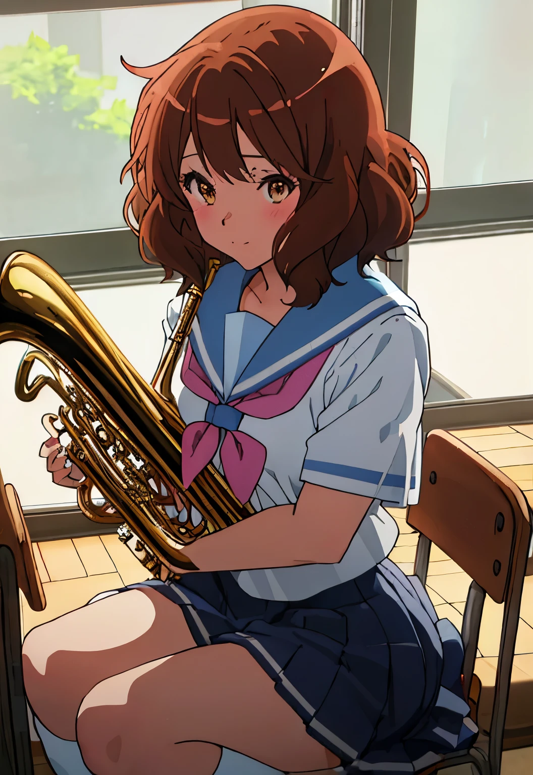 best quality, masterpiece, highres, solo, {oumae_kumiko_soundeuphonium:1.15}, brown_hair, short_hair, brown_eyes, blush, serafuku, bangs, closed_mouth, 1girl, blue_sailor_collar, holding_instrument, instrument, kitauji_high_school_uniform, sailor_collar, school_uniform, shirt, holding, looking_at_viewer, neckerchief, white_shirt, indoors, pink_neckerchief,,sitting chair,white lace panties,beautiful things,