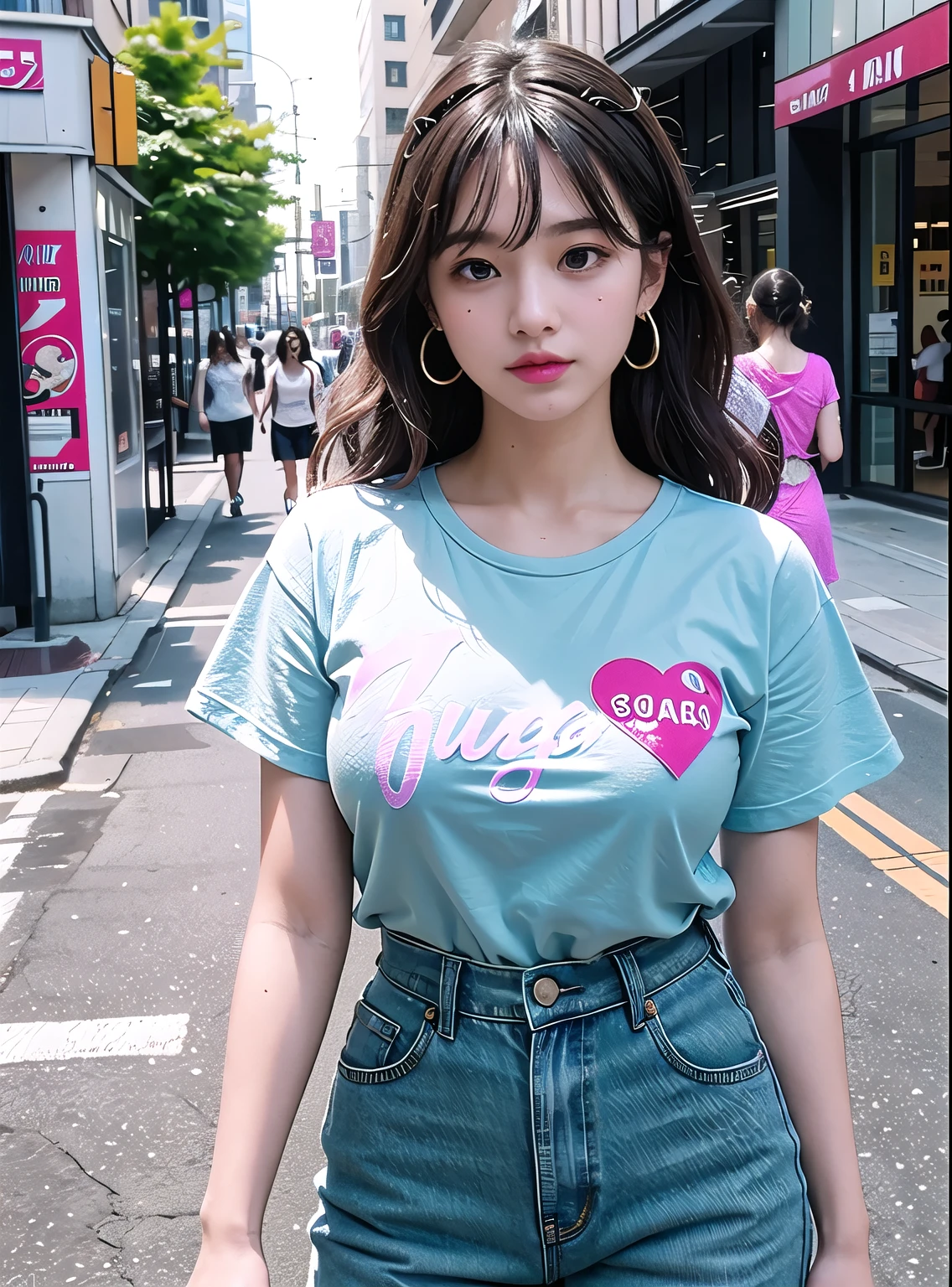 a teenage girl, wearing headphones, no one else in the background, Beautiful features, big eyes, wearing sunglasses, high nose bridge,, cute earrings, Sexy figure, 9 heads, Bangs, Slightly curly wavy hair, light pink hair, high chest, Pink printed T-shirt, denim hot pants, canvas shoes, Retro Style, 90s style, nostalgic style, Comic style, Magazine cover Pikachu T-shirt Pikachu shirt big bust mid-waist, a beautiful girl,light blue hair,A busy street in the background,Du Qiong,anime 5 sleep,image,under art,Tightness in the chest,tight clothes,Wearing a light blue tight T-shirt,Various light blue skirts,Square Pedestrian Street,Ray tracing,bright,It&#39;s drizzling,Upper body close-up,Holding a bottle of Wahaha Ad calcium milk drink