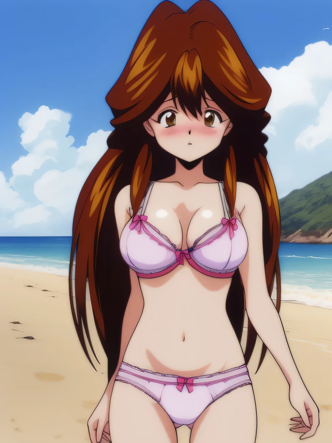 It is, 1 girl, alone, In underwear, long hair, In underwear、belly button, brown eyes, white ruffle bra, expensiveleg, big breasts,slender body、 brown hair,white panties, looking at the viewer, blush, cowboy shot, redhead,  texpensive gap, camel toe, beach,
1990s \(style\), anime, anime_screen cap, animeーション化された gif, mp4 ,video, （animeーション化された, masterpiece, expensive quality）, very_expensive_solve, big_file size, full color, 
masterpiece, expensive quality, very_expensive_solve, big_file size, full color,