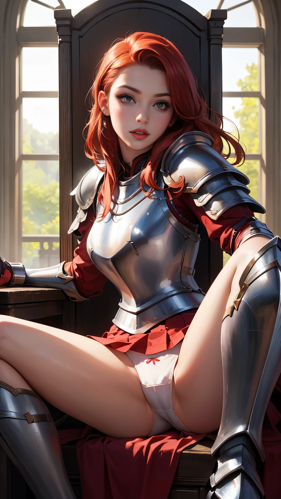 highest quality、16K high resolution、Super detailed、masterpiece、Live shooting、realistic:1.4、hyper realism:1.4、sharp focus、very delicate and beautiful、small details、1 female、(european:1.2)、(redhead warrior girl)、(spread your legs:1.3)、(showing panties:1.3)、(white panties:1.1)、 (sitting in on throne: 1.1)、(super beautiful)、(beautiful face:1.5)、(plate armor)、(detailed face)、(fine and beautiful eyes)、Perfect round eyes、(detailed lips)、Lipstick、(eyeliner)、mascara、eye shadow、(knight armor)、(red pleated skirt: 1.1)、(steel breastplate 、steel gauntlet: 1.2),,, medieval fantasy, Dungeons and dragons, RPG character, At SFW