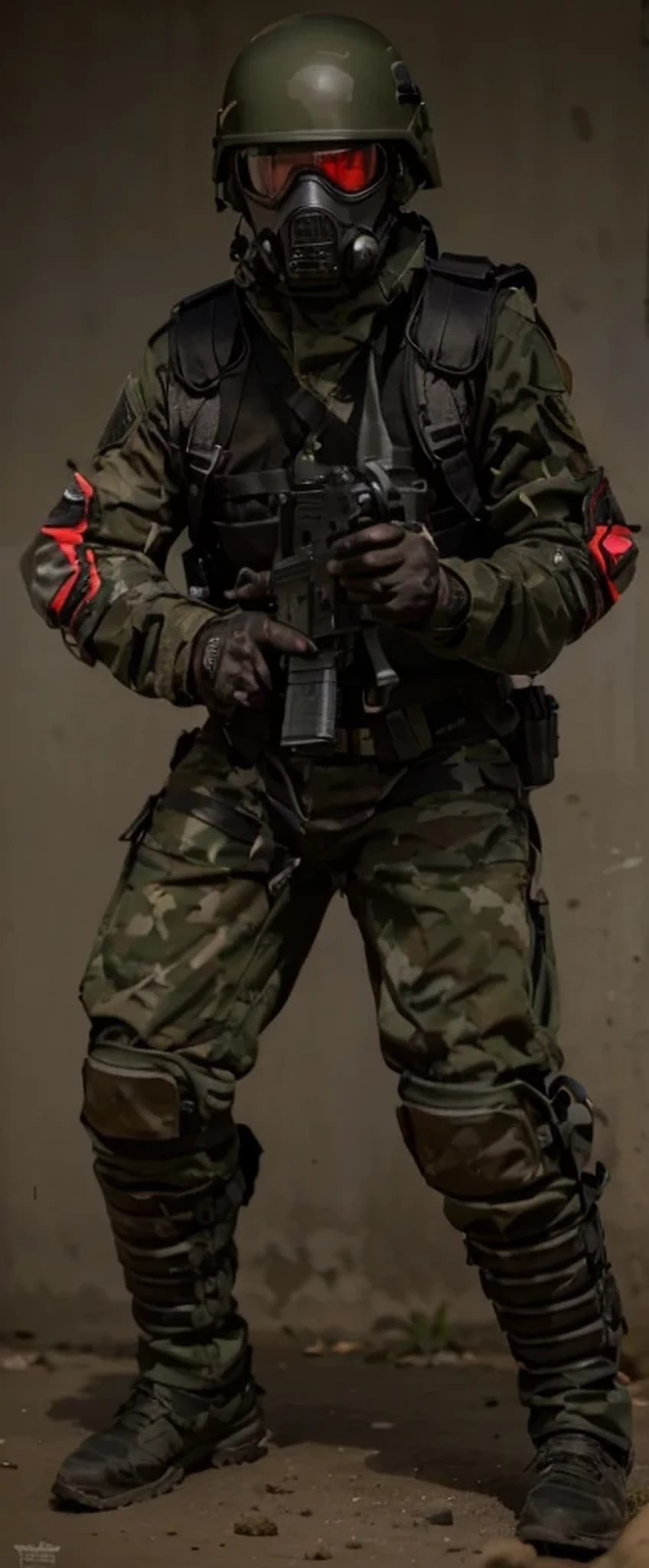 male soldier, black military helmet, tactical gas mask with red glass, dark black military suit with red details, red emblems, bulletproof vest, black leather gloves, ammunition belt and harness, black military pants colored military boots black, holds a sub machine gun , is in a post apocalyptic desert, large green mineral crystals on the ground, sunny day, 4k, ultra detailed image, realistic, very detailed, perfect composition, splendid, intricately detailed, incredibly detailed, art photography 8k, hyper detailed, Masterpiece, ultra detailed, hyper realistic, 4k, ultra detailed image, realistic, highly detailed, perfect composition, splendid, intricately detailed, incredibly detailed, Artistic photography in 8k, hyper detailed