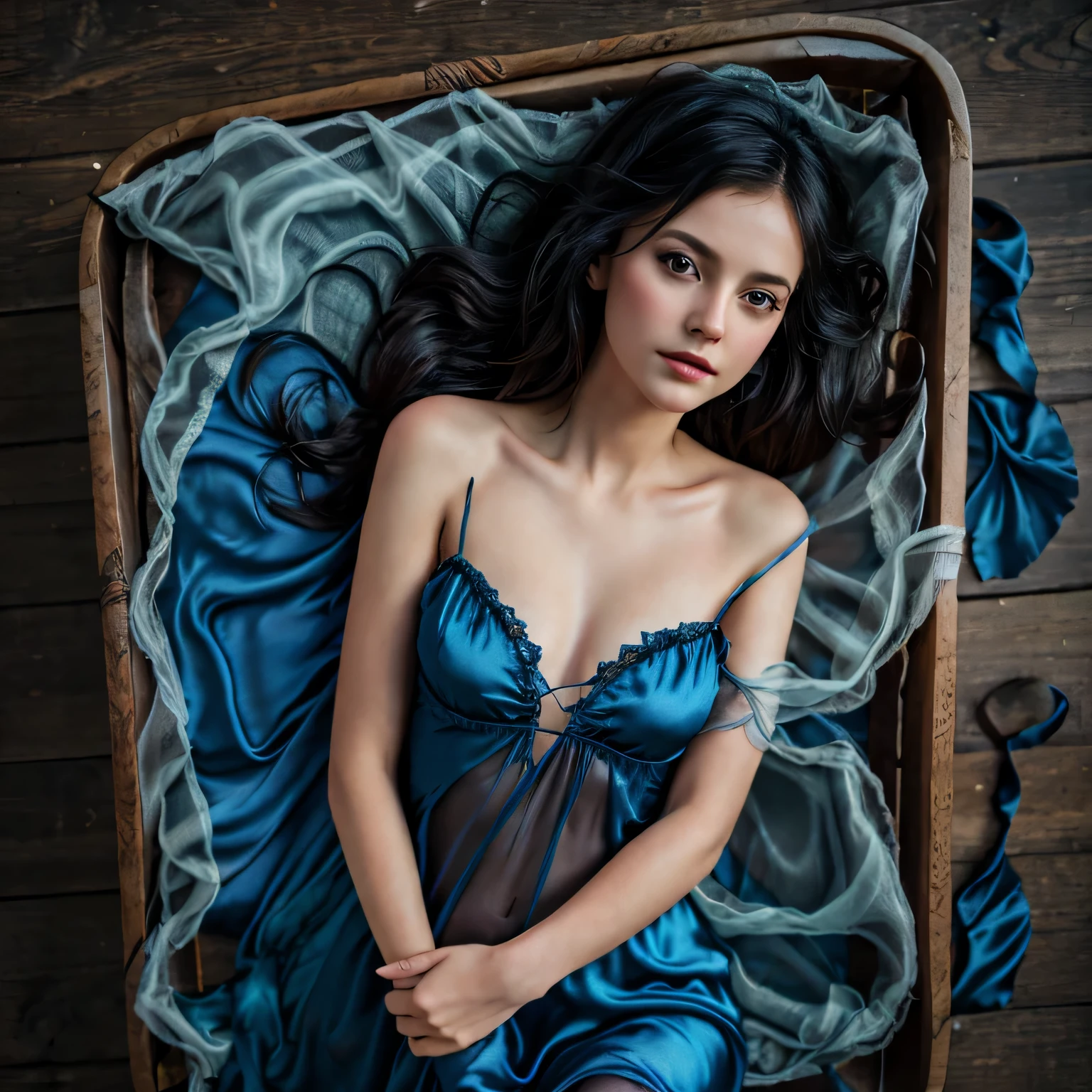1girl,(bright lighting,romantic setting),dreamy background,,dark hair, mesmerizing gaze, , soft skin, alluring beauty, artistic portrait, high-quality image, vibrant colors,translucent long silk gown, mosquito net, lying down, romantic bedroom,